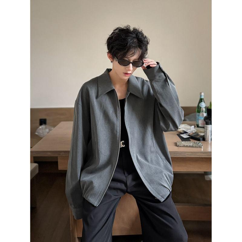 Drop-Shoulder Plain Zip Jacket Product Image