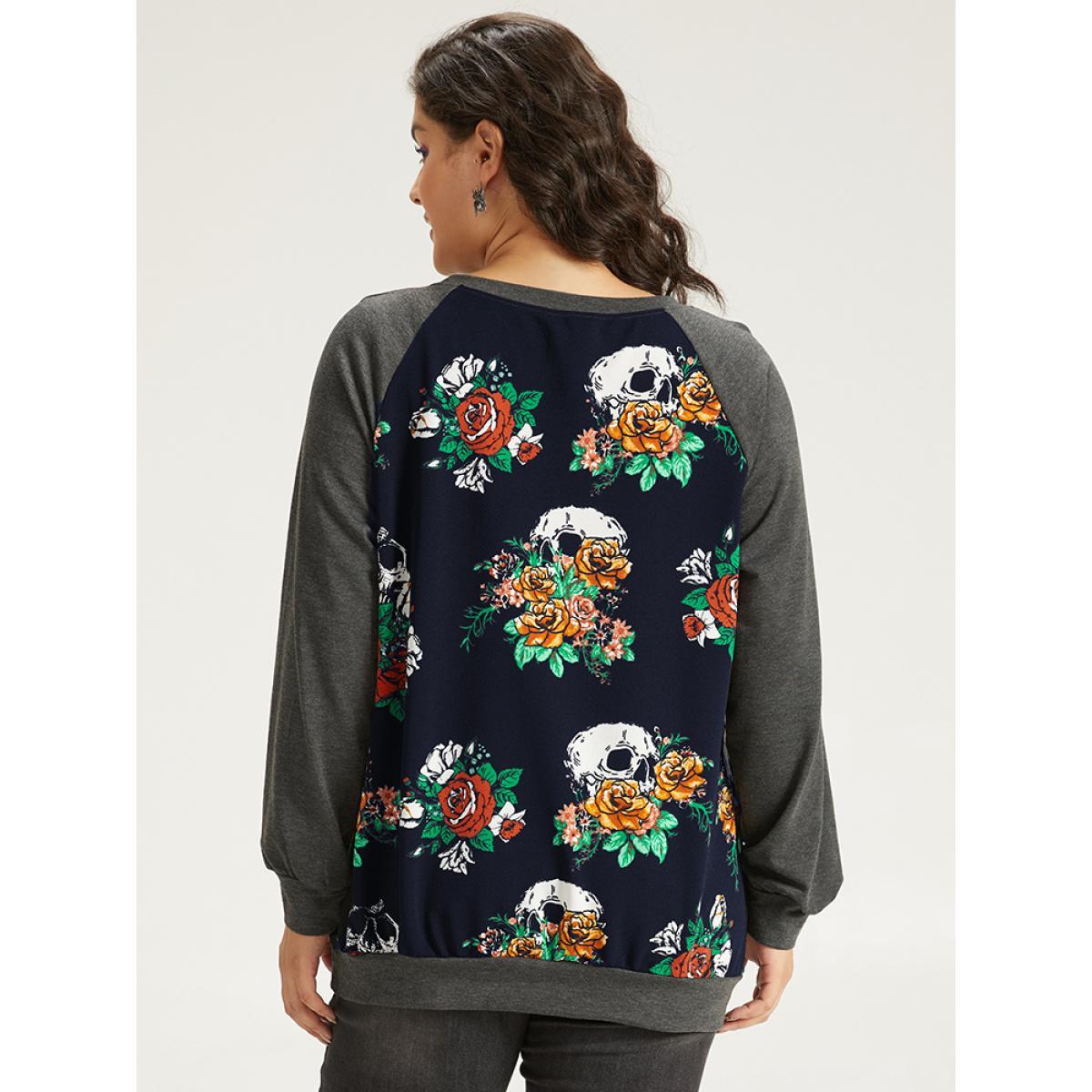 Plus Size Halloween Skull & Floral Print Raglan Sleeve Sweatshirt Women Indigo Casual Elastic cuffs Round Neck Dailywear Sweatshirts BloomChic 12/L Product Image