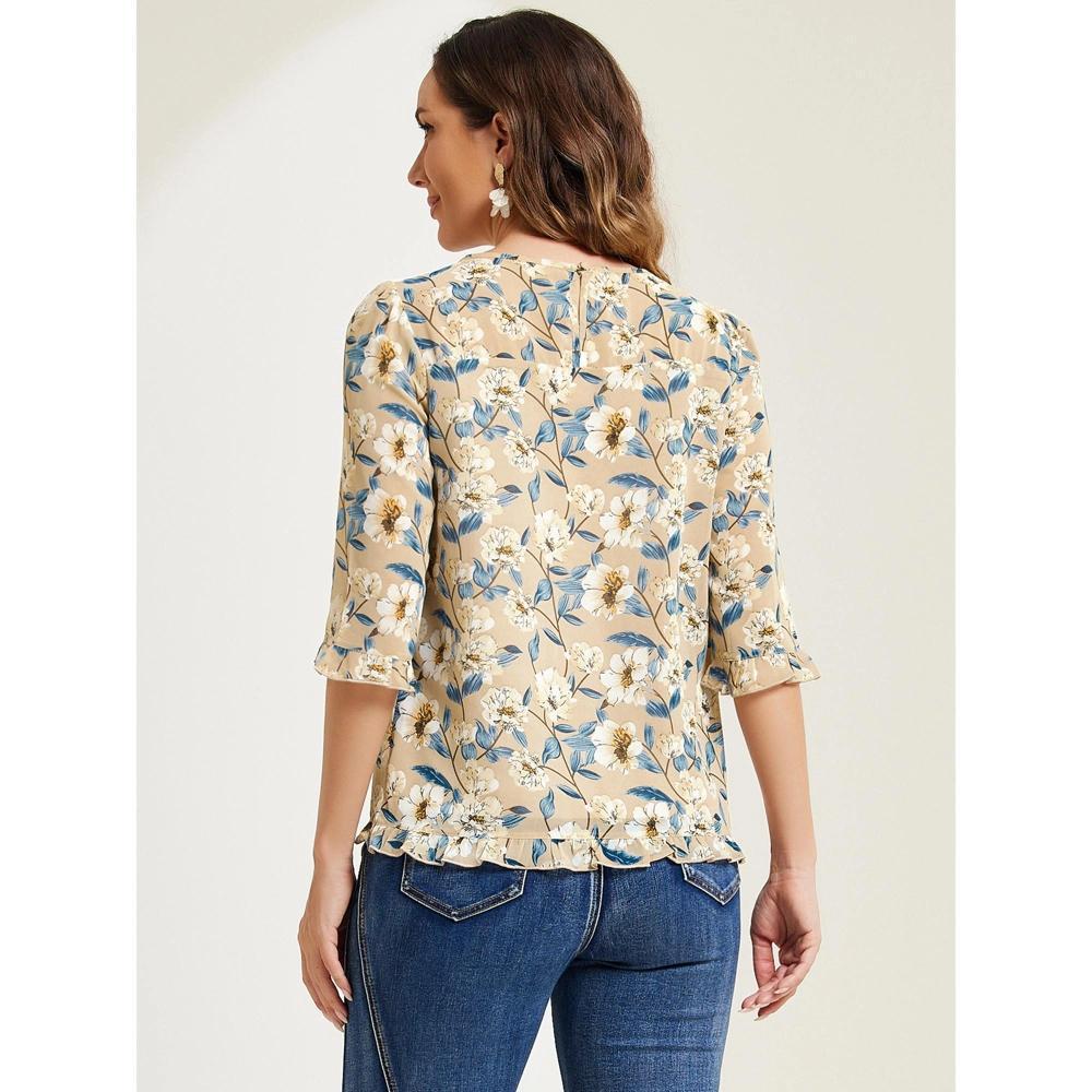 INSPIRE CHIC Women's Round Neck Ruffle 3/4 Sleeve Floral Print Chiffon Blouse Product Image