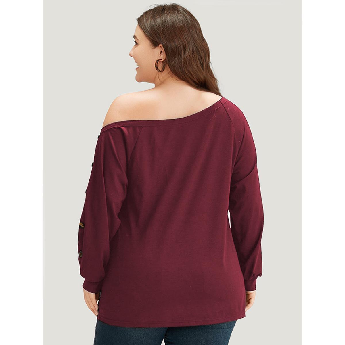 Plus Size Plain One Shoulder Button Detail Elastic Cuffs T-shirt Raspberry Women Elegant Elastic cuffs Plain One Shoulder Dailywear T-shirts BloomChic 30/6X Product Image