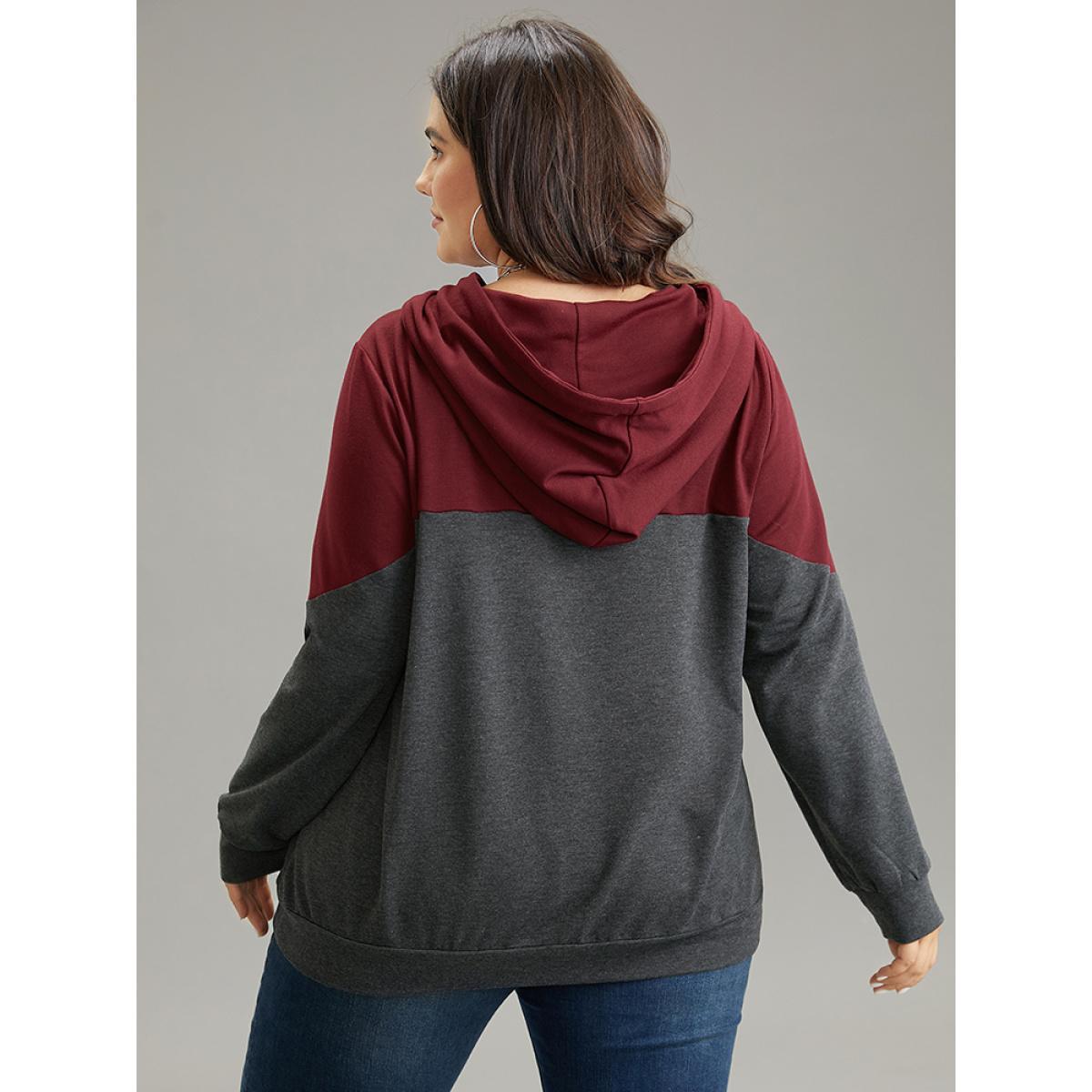 Plus Size Contrast Patchwork Hooded Pocket Drawstring Sweatshirt Women Burgundy Casual Contrast Hooded Dailywear Sweatshirts BloomChic 10/M Product Image