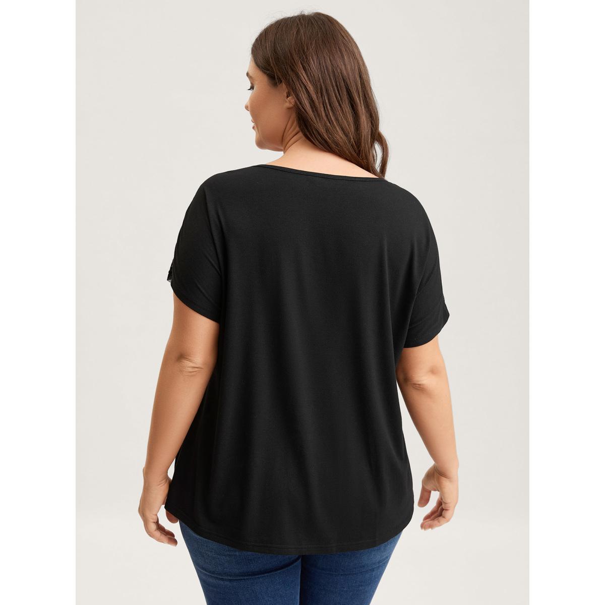 Plus Size Lace Trim Sheer Solid T-Shirt Black Women Round Neck Everyday-Casual T-shirts BloomChic 18-20/2X Product Image