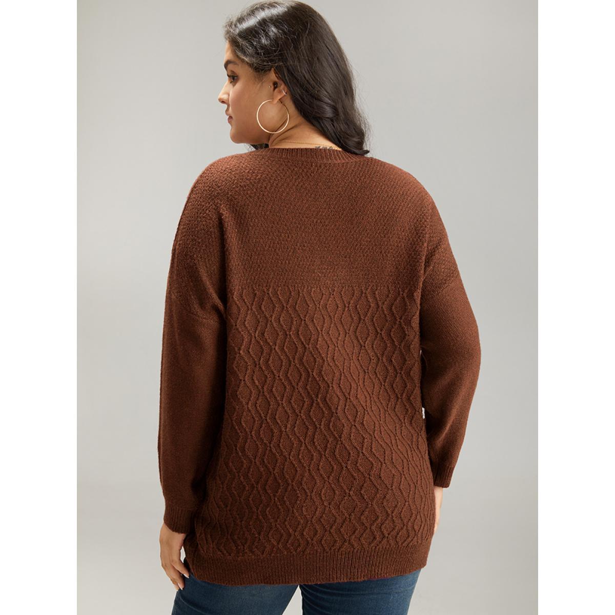 Plus Size Plisse Solid Drop Shoulder Pullover RedViolet Women Casual Loose Long Sleeve V-neck Dailywear Pullovers BloomChic 26/4X Product Image