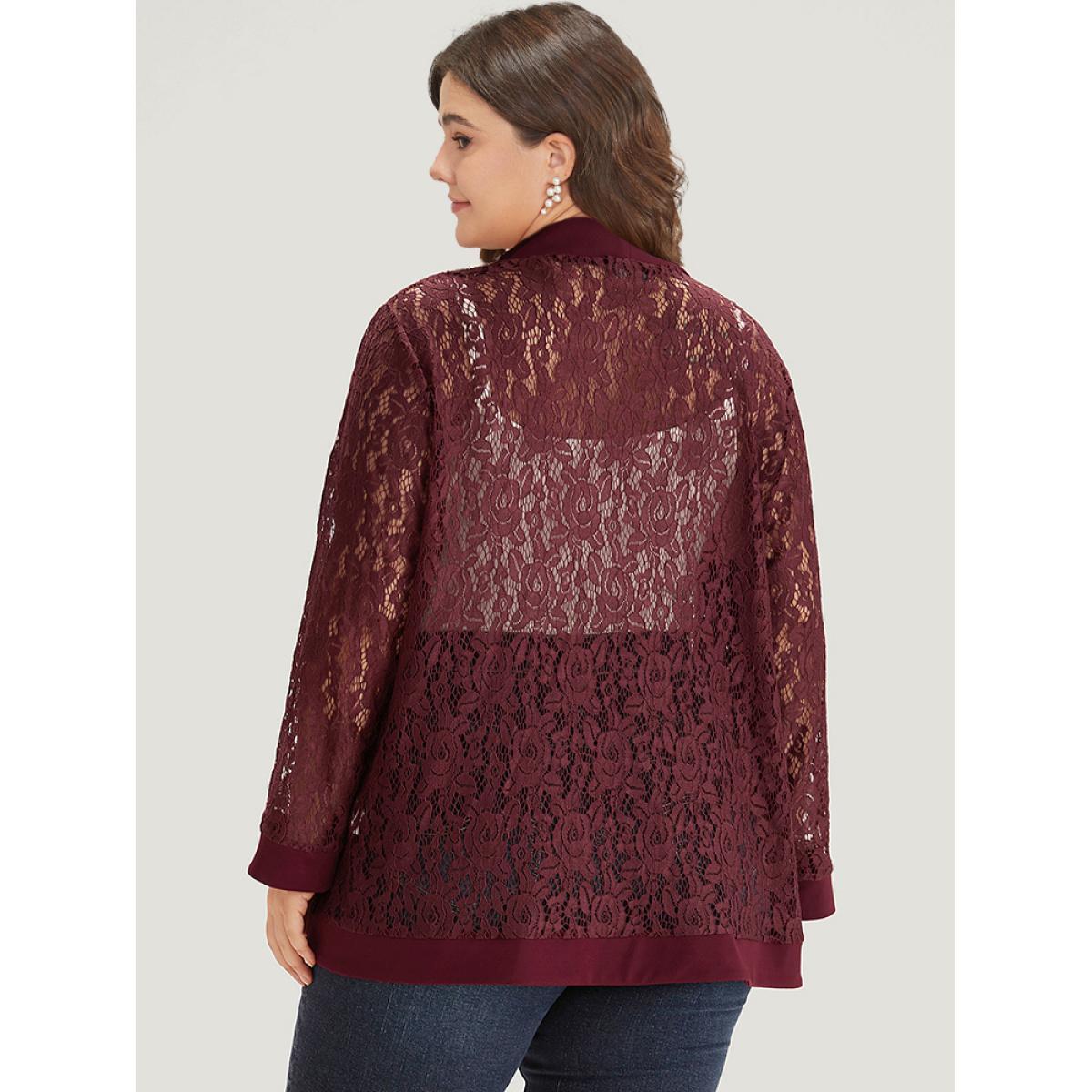 Plus Size Supersoft Essentials Crochet Lace Mesh Open Front Asymmetrical Hem Kimono Women Scarlet Casual Patchwork Loose Dailywear Kimonos BloomChic 12/L Product Image