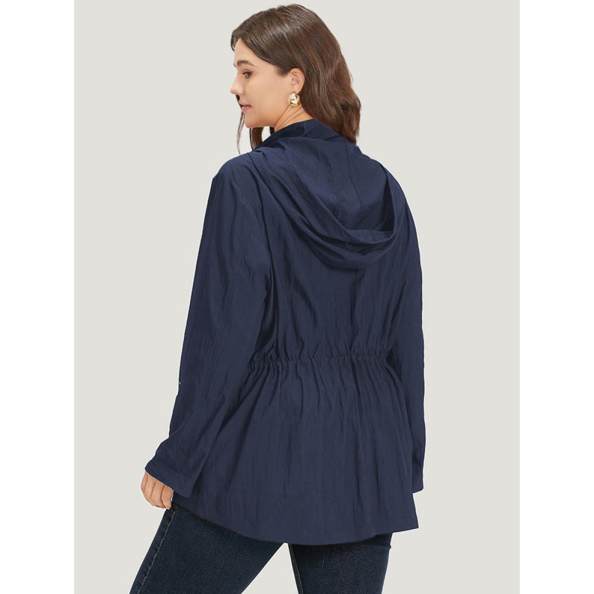 Plus Size Plain Hooded Zipper Drawstring Tab Sleeve Coat Women Indigo Plain Pocket Everyday Jackets BloomChic 12/L Product Image
