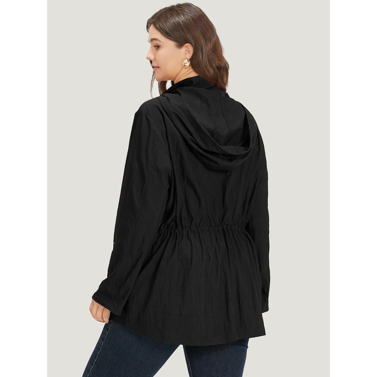 Plus Size Plain Hooded Zipper Drawstring Tab Sleeve Coat Women Black Plain Pocket Everyday Jackets BloomChic 14-16/1X Product Image