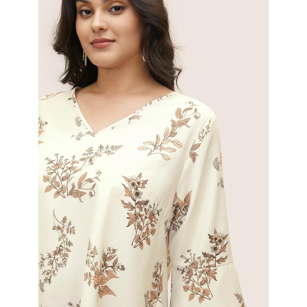 Plus Size Apricot Plants Print Asymmetrical Hem Bell Sleeve Blouse Women Elegant Elbow-length sleeve V-neck Everyday Blouses BloomChic 10/M Product Image