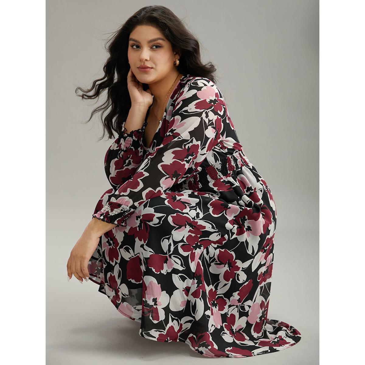 Plus Size Floral Print Chiffon Shirred Elastic Cuffs Dress Black Women Elegant Printed V-neck Long Sleeve Curvy Midi Dress BloomChic 22-24/3X Product Image