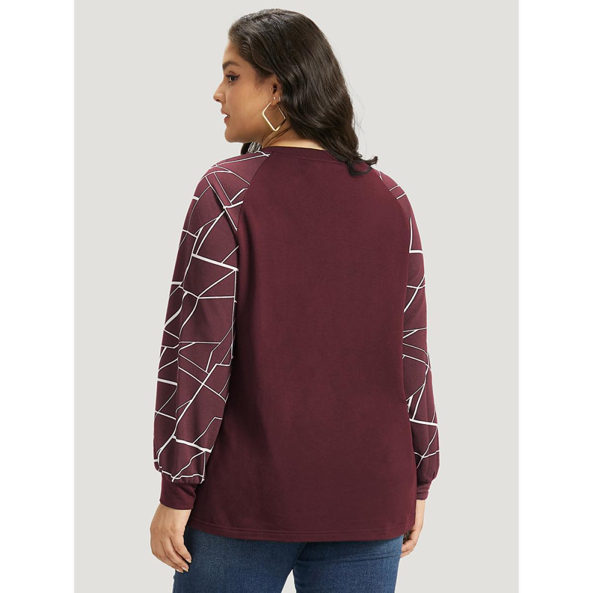 Plus Size Geometric Round Neck Raglan Sleeve Sweatshirt Women Burgundy Casual Elastic cuffs Round Neck Dailywear Sweatshirts BloomChic 14-16/1X Product Image