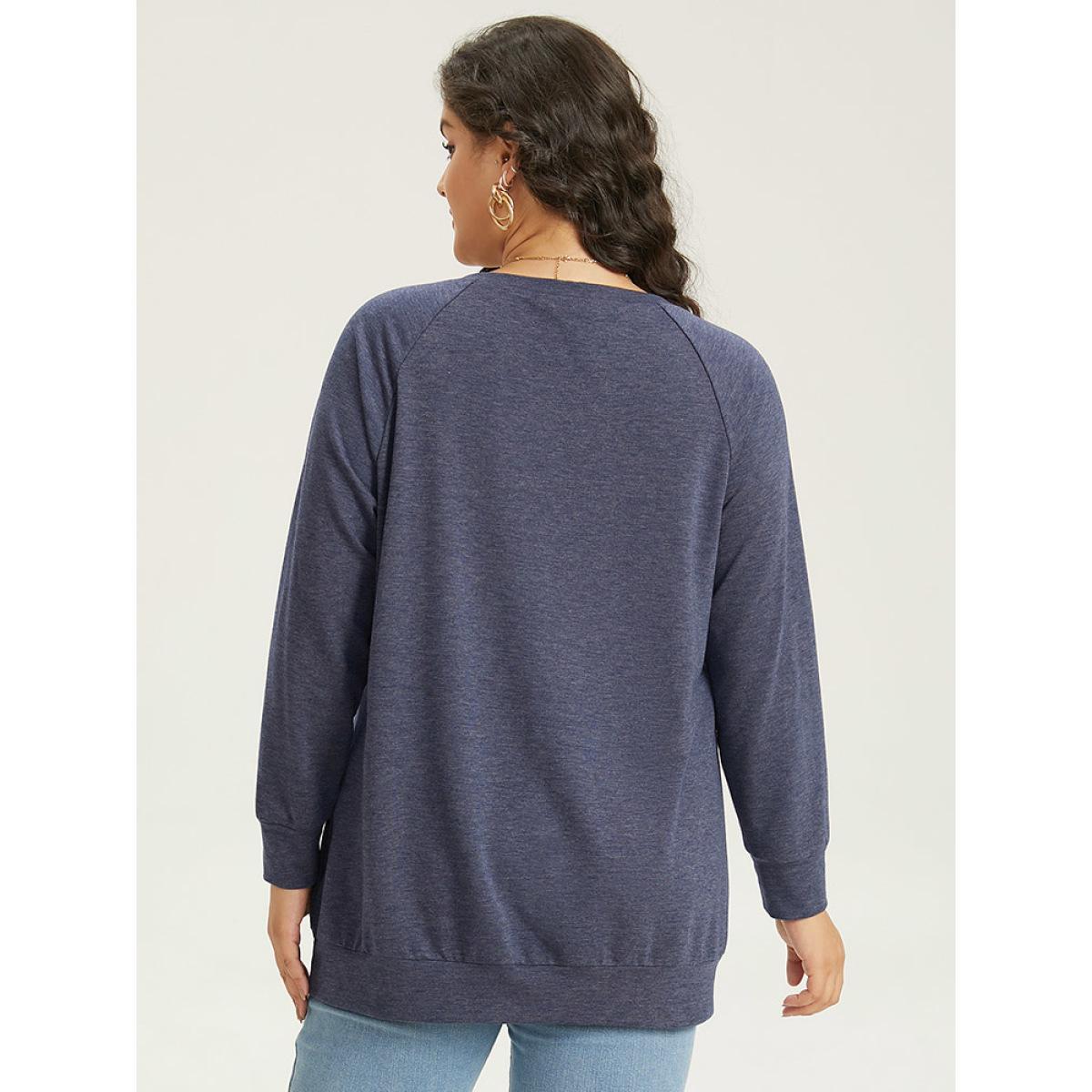 Plus Size Solid Plicated Detail Raglan Sleeve Sweatshirt Women DarkBlue Elegant Elastic cuffs Round Neck Dailywear Sweatshirts BloomChic 30/6X Product Image