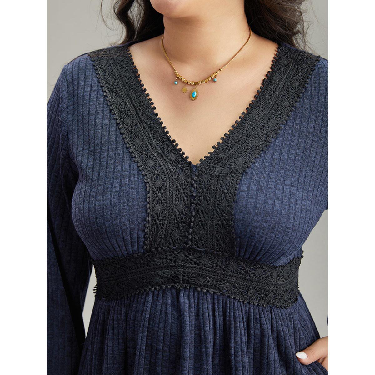 Plus Size Rib Knit Lace Panel Contrast Pocket Dress DarkBlue Women Casual Elastic cuffs V-neck Long Sleeve Curvy Midi Dress BloomChic 14-16/1X Product Image