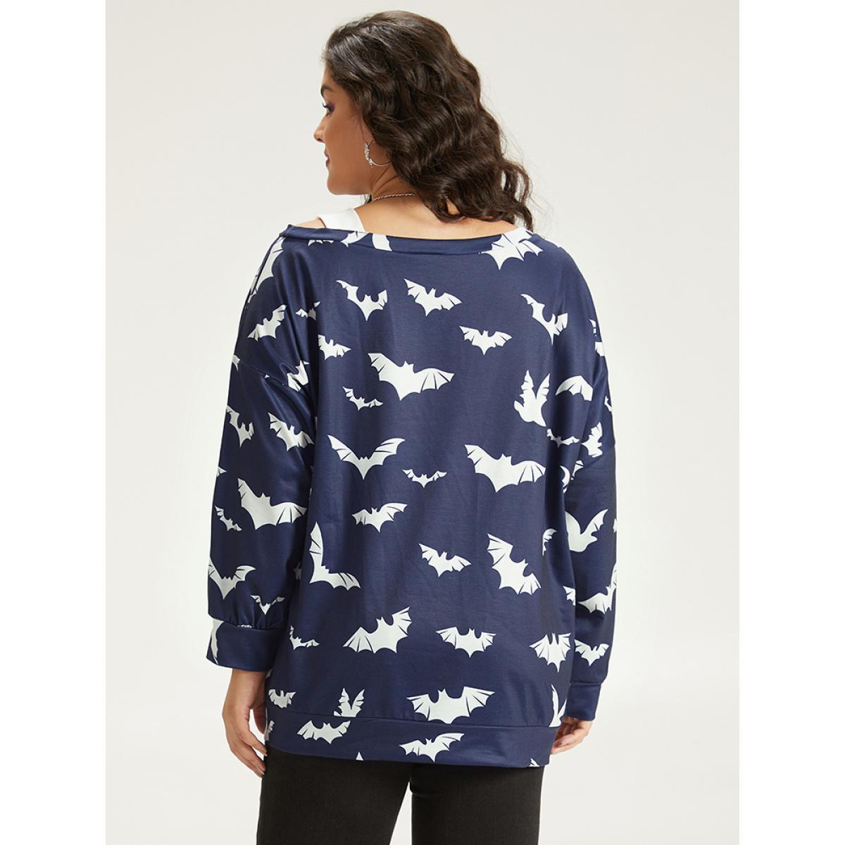 Plus Size Halloween Bat Print Elastic Cuffs Cold Shoulder Sweatshirt Women Indigo Casual Elastic cuffs Cold Shoulder Dailywear Sweatshirts BloomChic 30/6X Product Image
