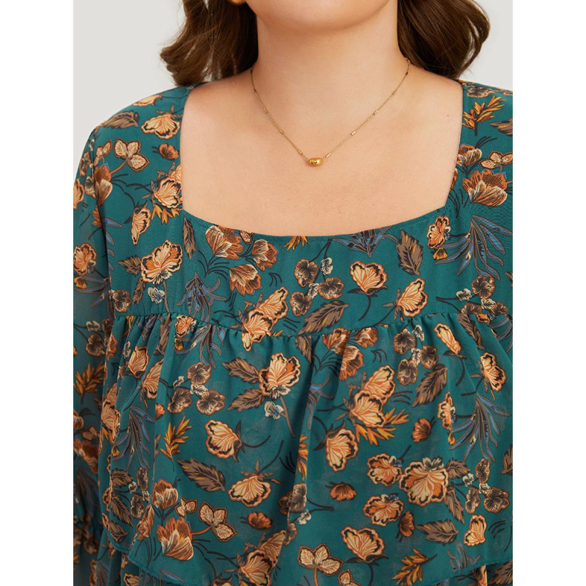 Plus Size Cyan Floral Print Square Neck Layered Ruffle Trim Blouse Women Office Half Sleeve Square Neck Dailywear Blouses BloomChic 10/M Product Image