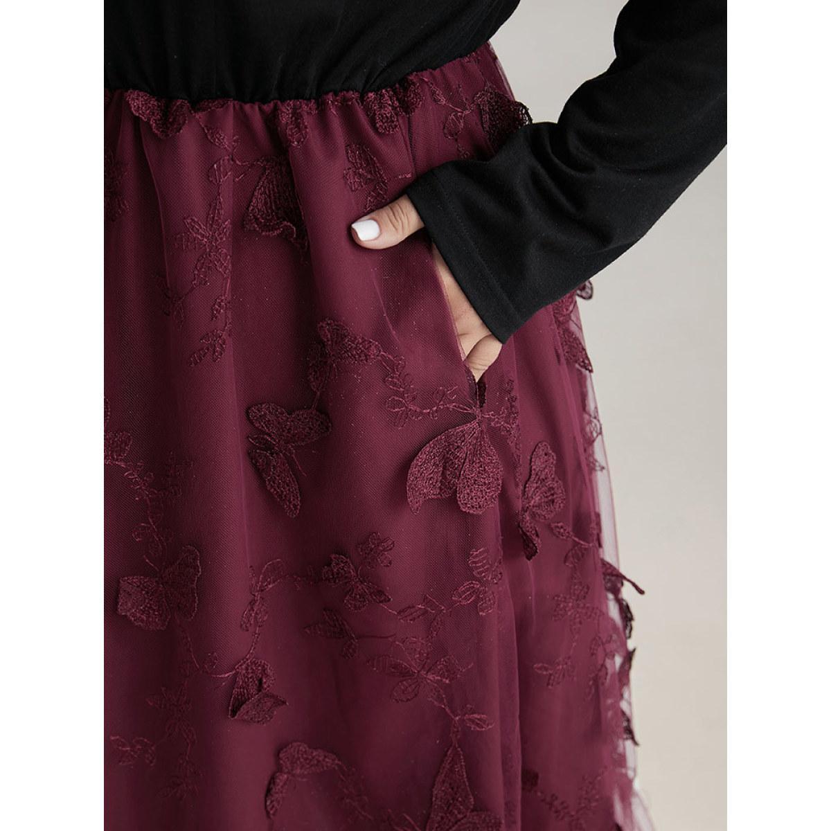 Plus Size Butterfly Graphic Patchwork Mesh Dress Burgundy Women Glamour See through V-neck Long Sleeve Curvy Midi Dress BloomChic 10/M Product Image