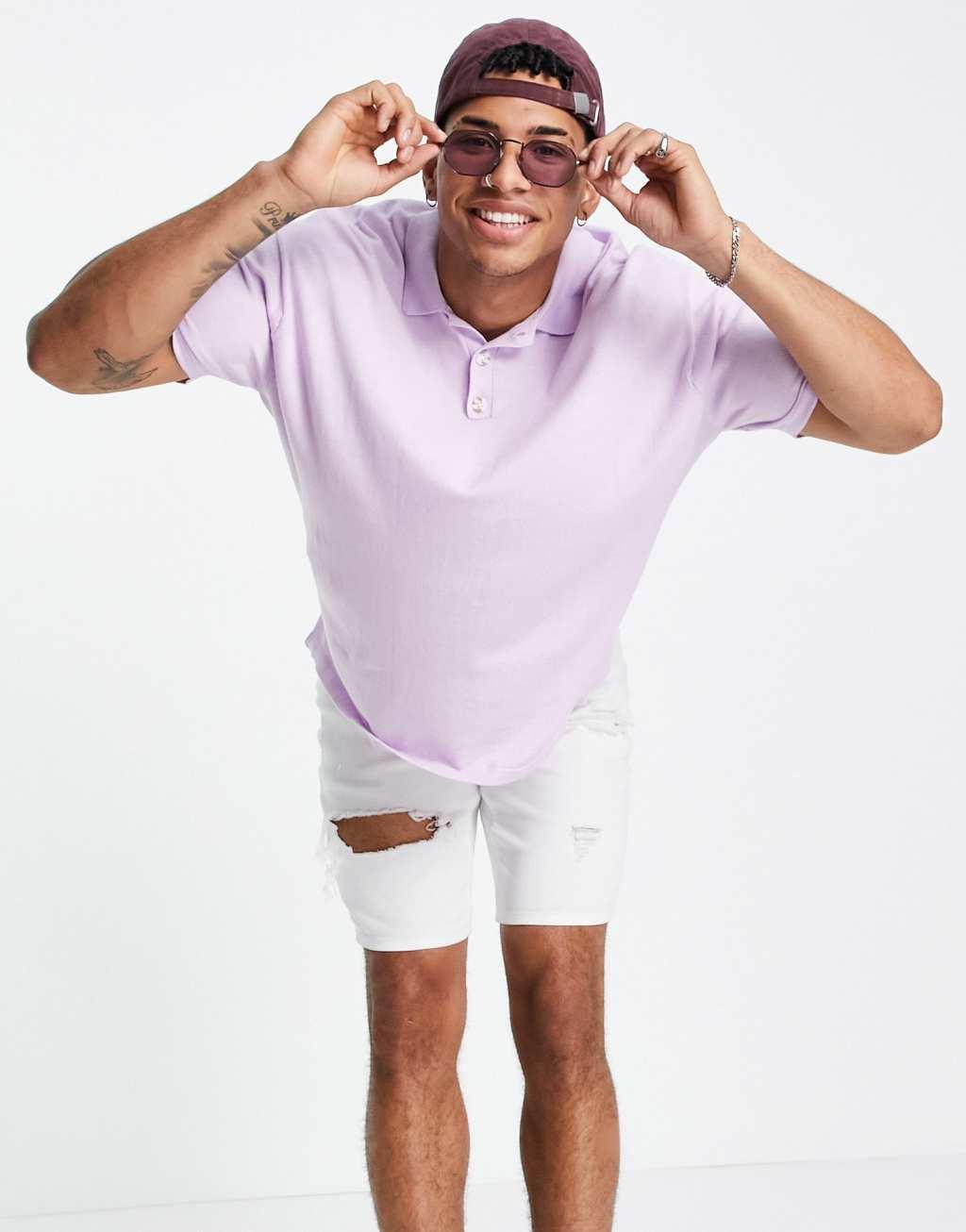 ASOS DESIGN knitted oversized polo neck t-shirt in lilac Product Image