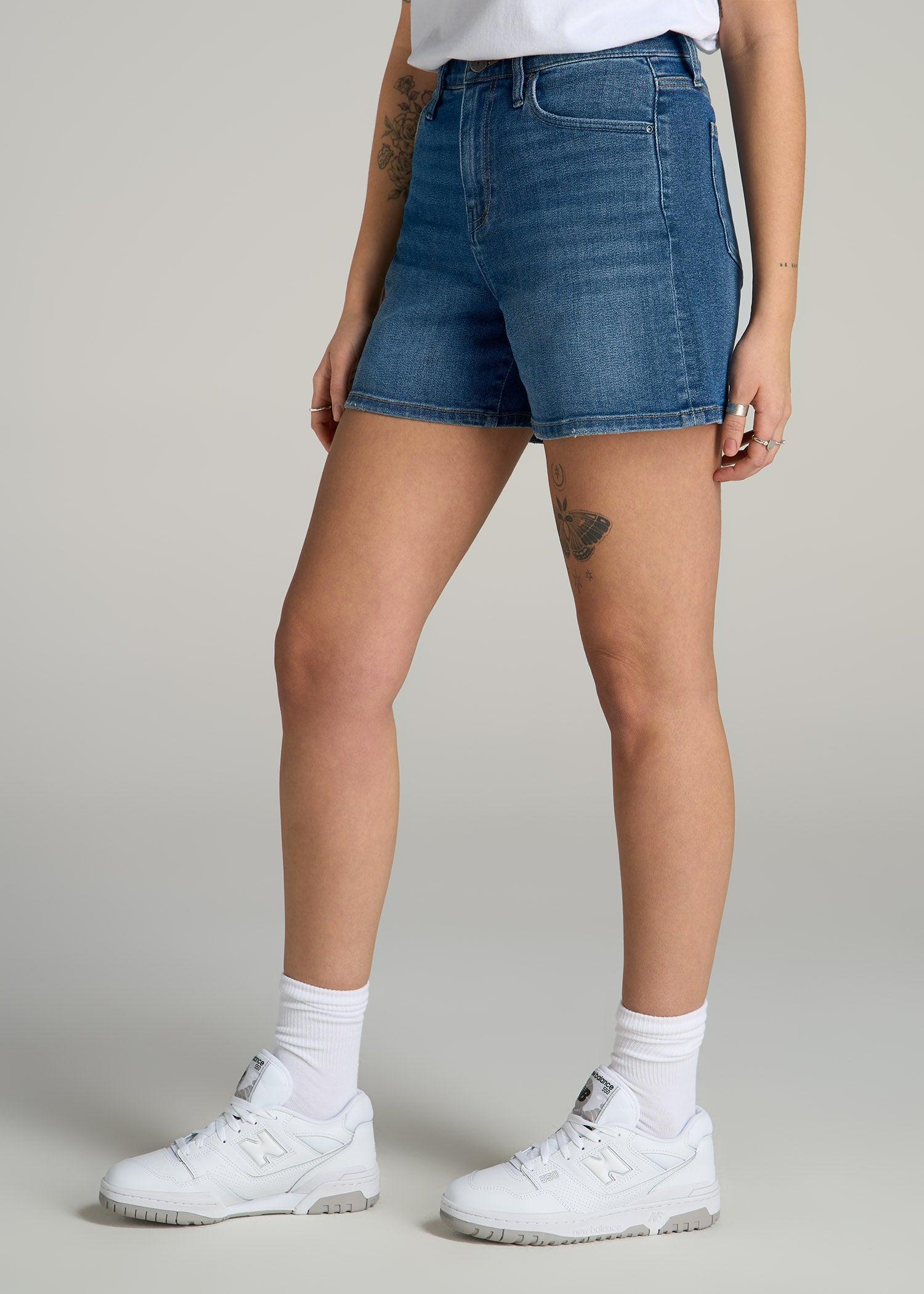 High Rise Denim Shorts for Tall Women in Classic Mid Blue Product Image