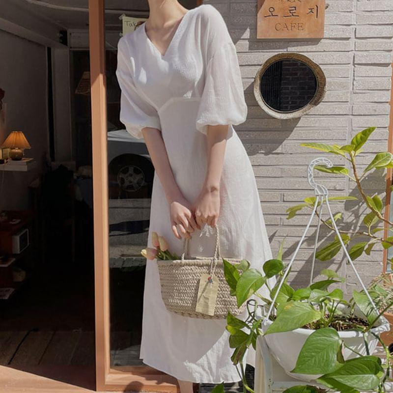 Puff-Sleeve V-Neck Plain Shirred Midi A-Line Dress Product Image