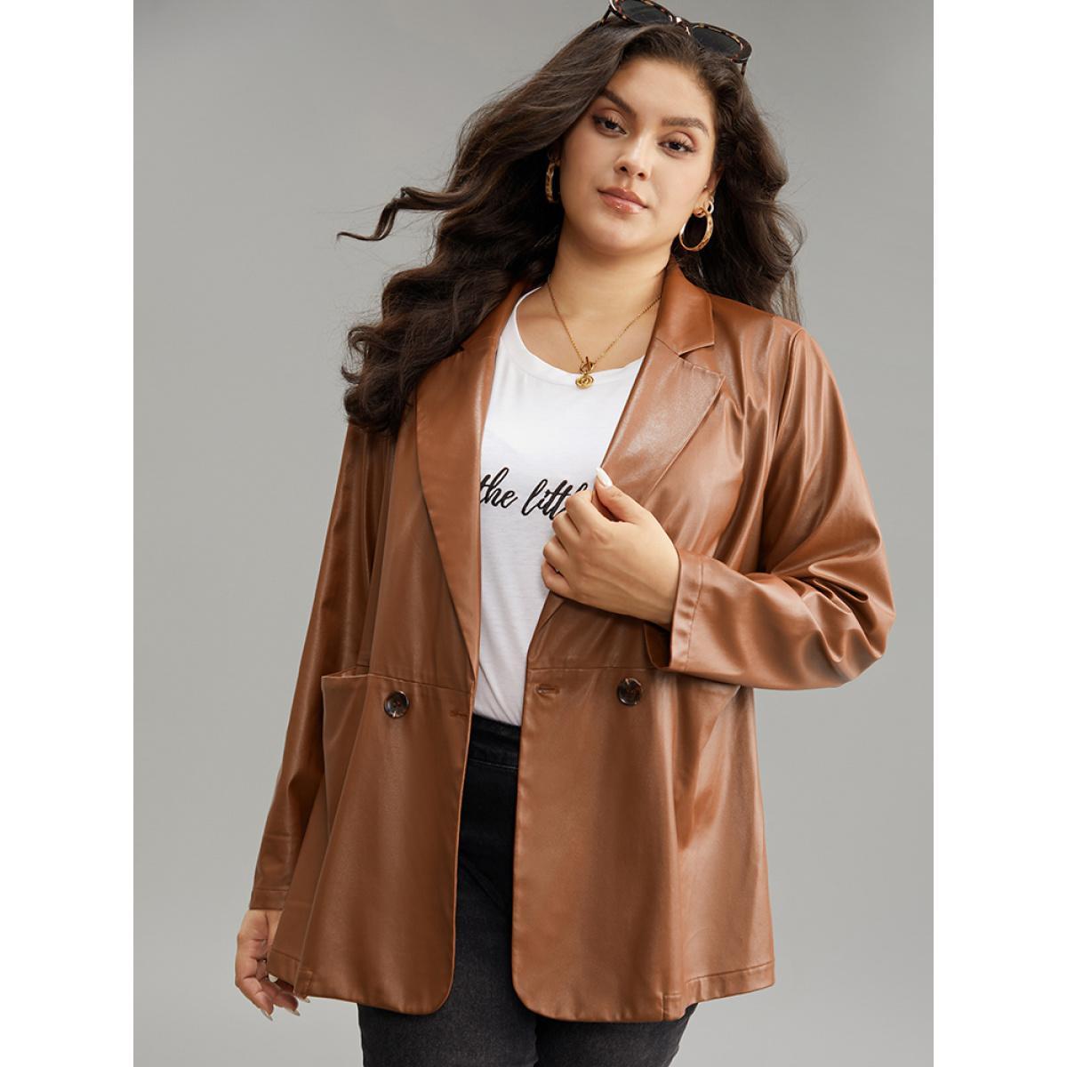 Plus Size Lapel Collar Pocket Button Up Blazer Tan Women Dailywear Plain Plain Sleeve Long Sleeve Lapel Collar 26/4X Pocket Casual Blazers BloomChic Product Image