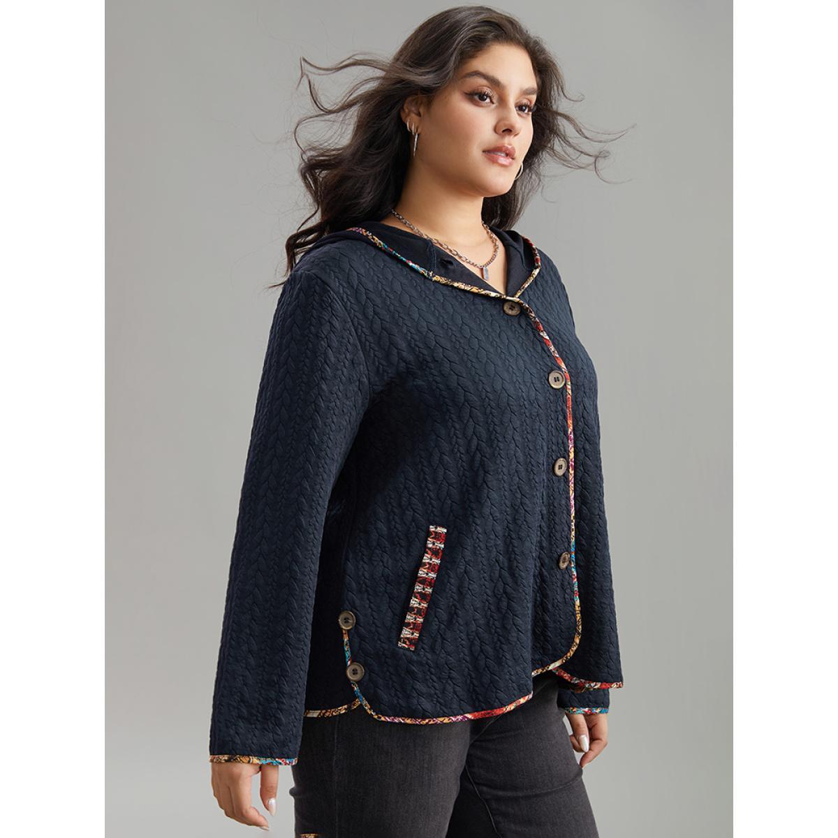 Plus Size Texture Pocket Patchwork Button Detail Jacket Women DarkBlue Texture Pocket Everyday Jackets BloomChic 10/M Product Image