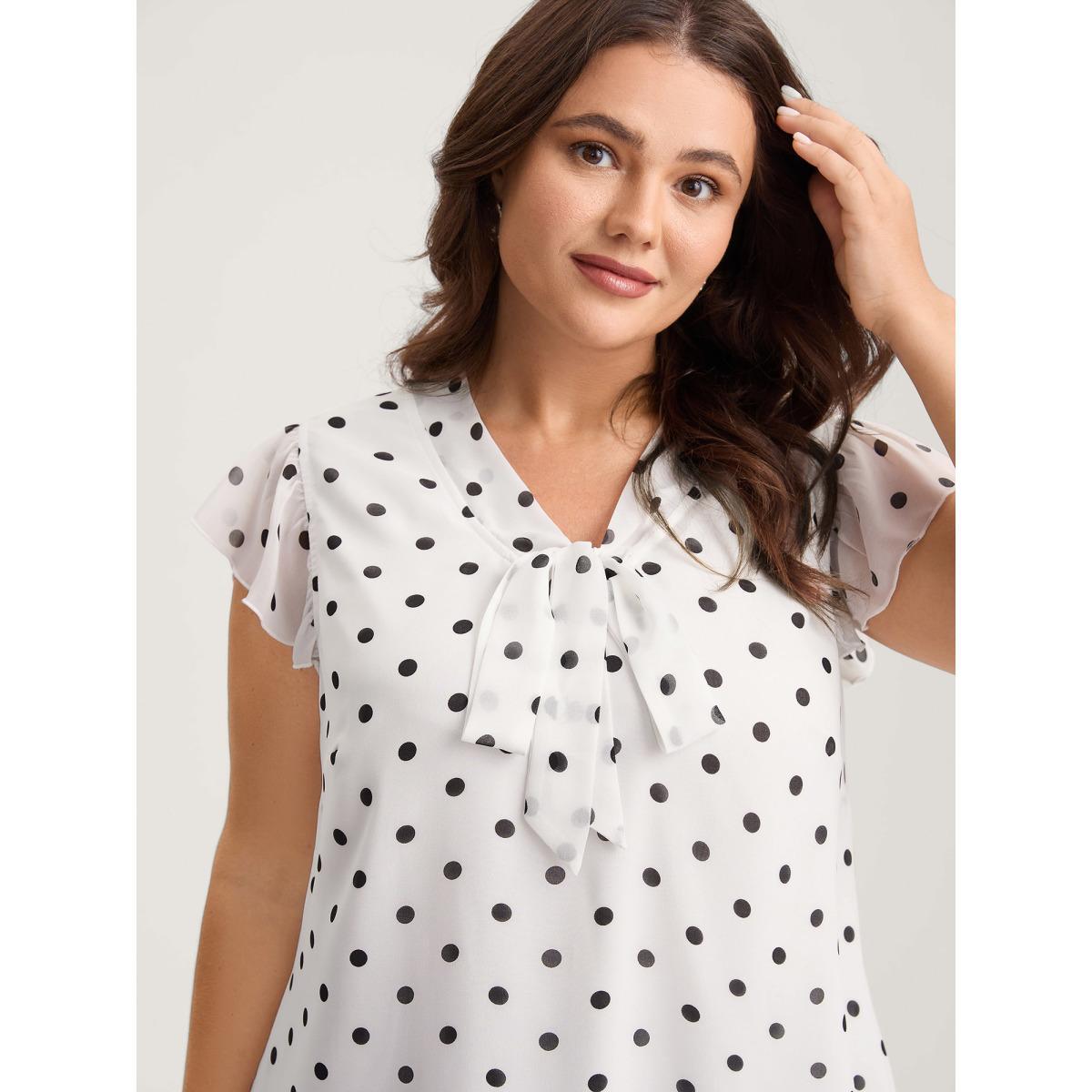 Plus Size Black Polka Dot Ribbon Collar Blouse Women Cap Sleeve Ribbon-tied collar Work Blouses BloomChic 26/4X Product Image