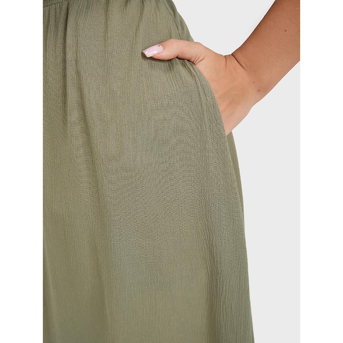 Plus Size Plain V Neck Ruffles Trim Pocket Knee Dress ArmyGreen Women Elegant Plain V-neck Cap Sleeve Curvy Midi Dress BloomChic 12/L Product Image