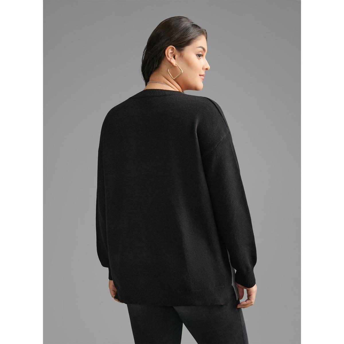 Plus Size Cat Contrast Drop Shoulder Pullover Black Women Casual Loose Long Sleeve Round Neck Everyday Pullovers BloomChic 28/5X Product Image