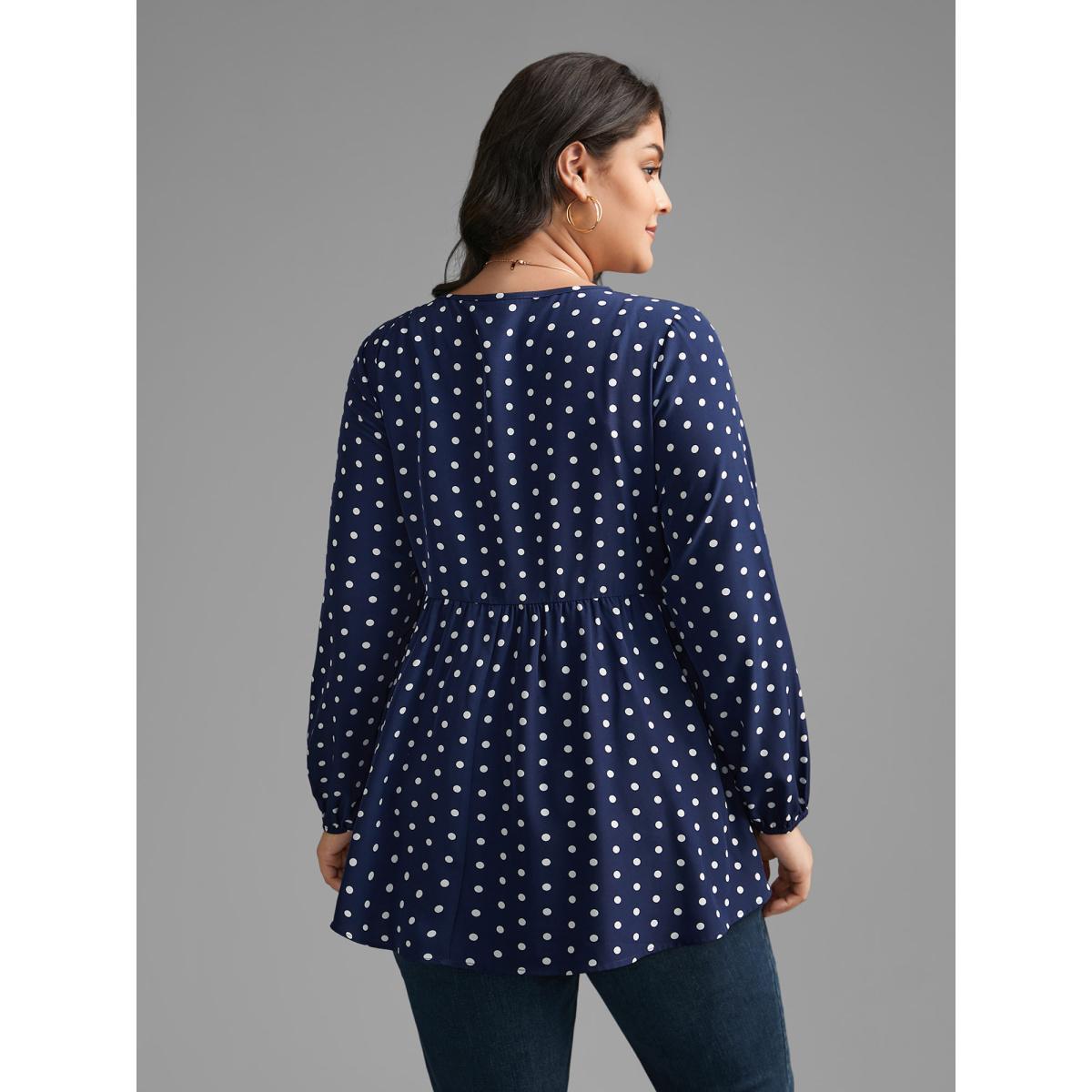 Plus Size Indigo Polka Dot Gathered Lantern Sleeve Blouse Women Elegant Long Sleeve Round Neck Everyday Blouses BloomChic 10/M Product Image