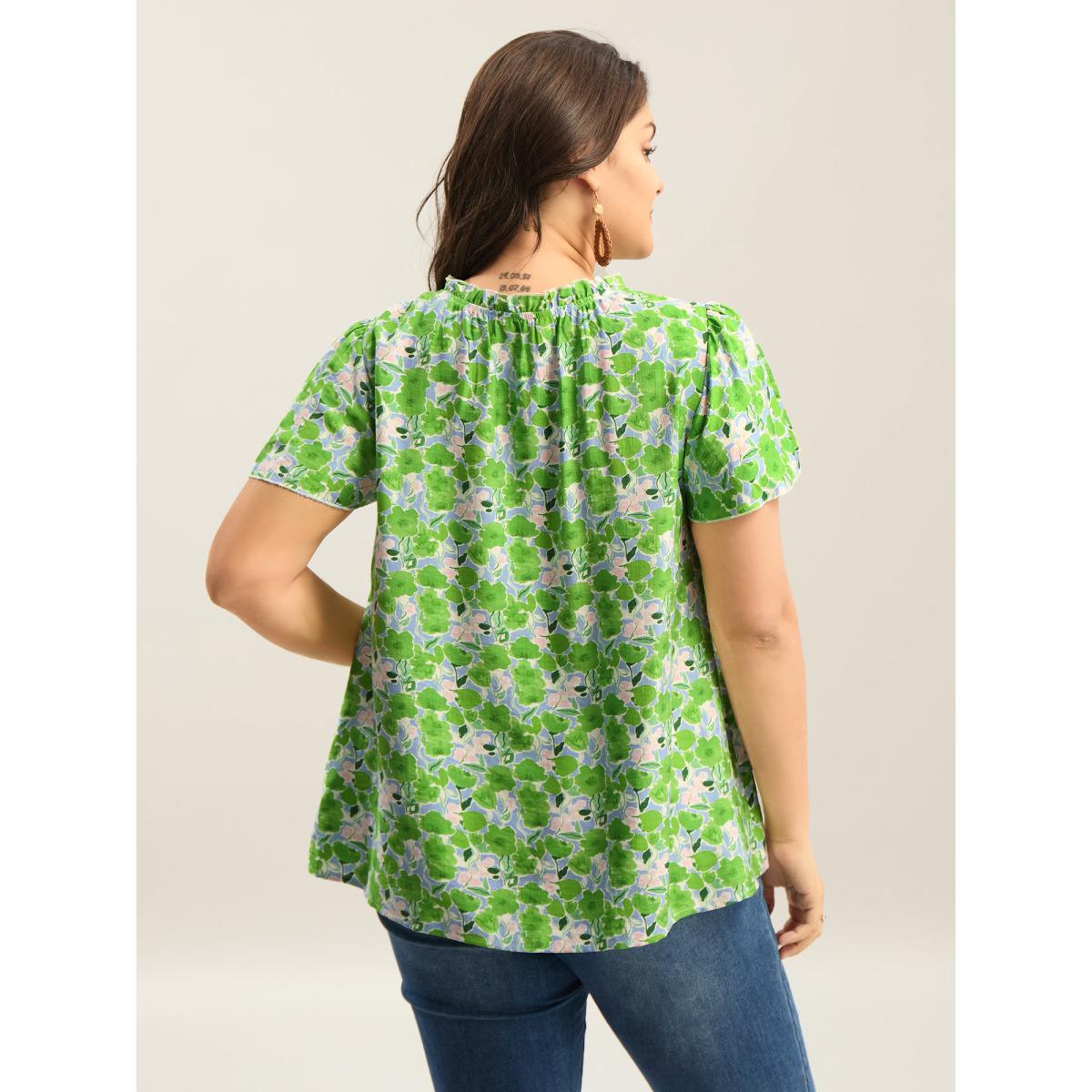 Plus Size LightGreen In Full Bloom Mock Neck Shirt Women Resort Cap Sleeve Stand-up collar Vacation Blouses BloomChic 22-24/3X Product Image