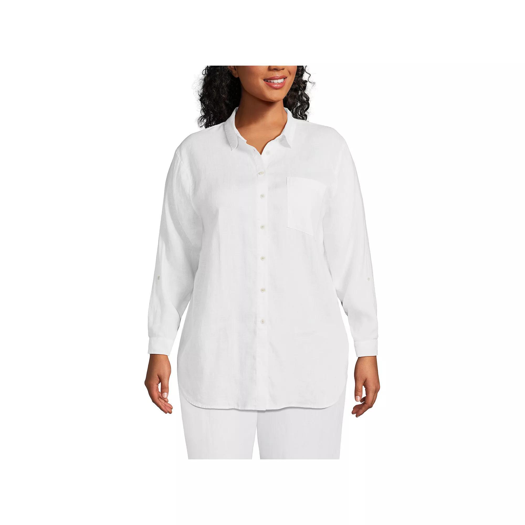Plus Size Lands' End Linen Roll Sleeve Relaxed-Fit Tunic, Women's, Size: 2XL, Island Green Product Image