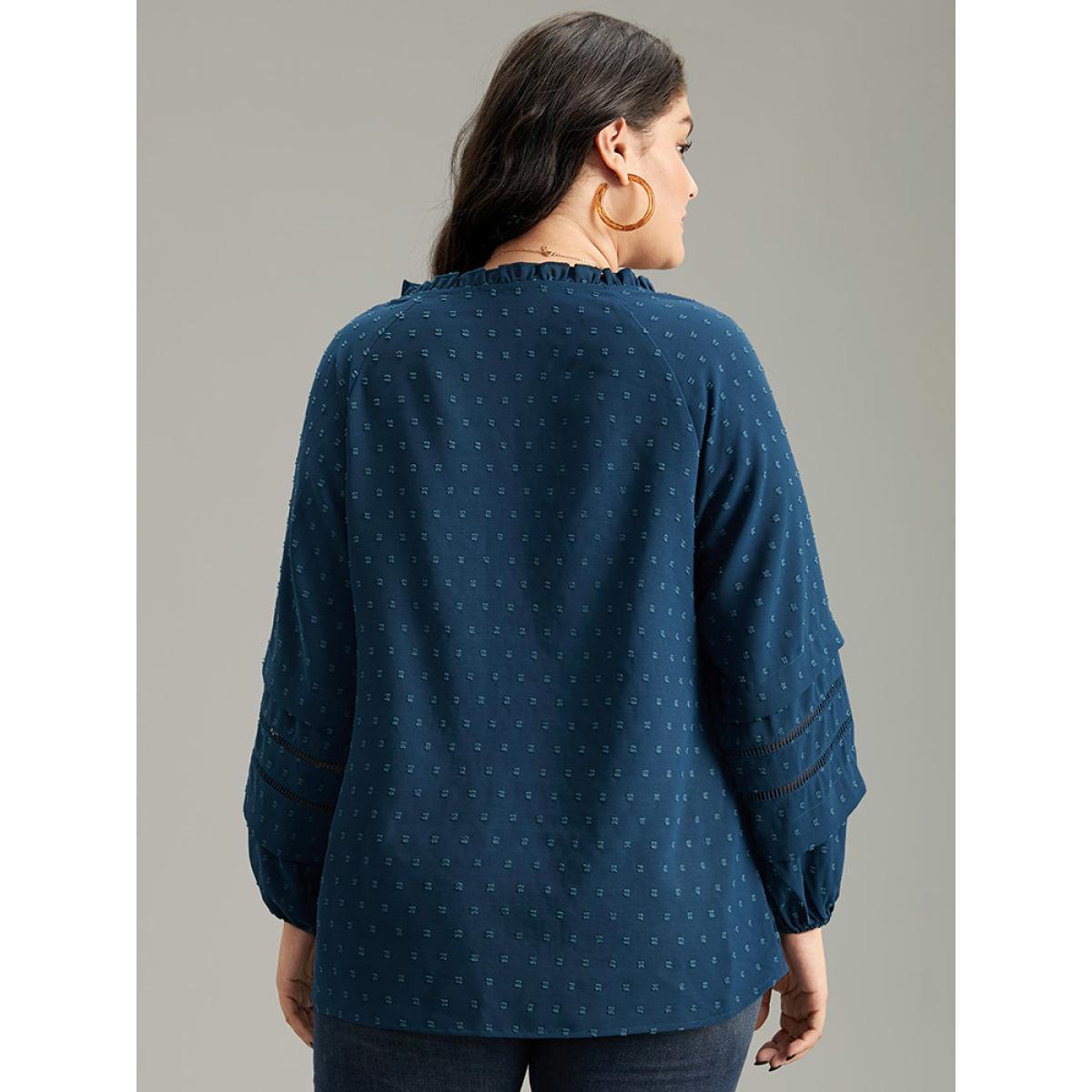 Plus Size Aegean Plain Textured Cut Out Frill Trim Lantern Sleeve Blouse Women Office Long Sleeve V-neck Work Blouses BloomChic 12/L Product Image