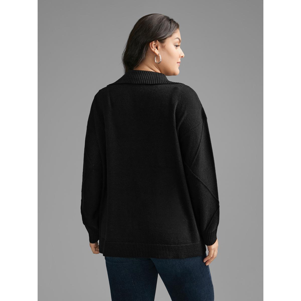 Plus Size Texture Half Zip Drop Shoulder Pullover Black Women Casual Loose Long Sleeve Polo Everyday Pullovers BloomChic 22-24/3X Product Image