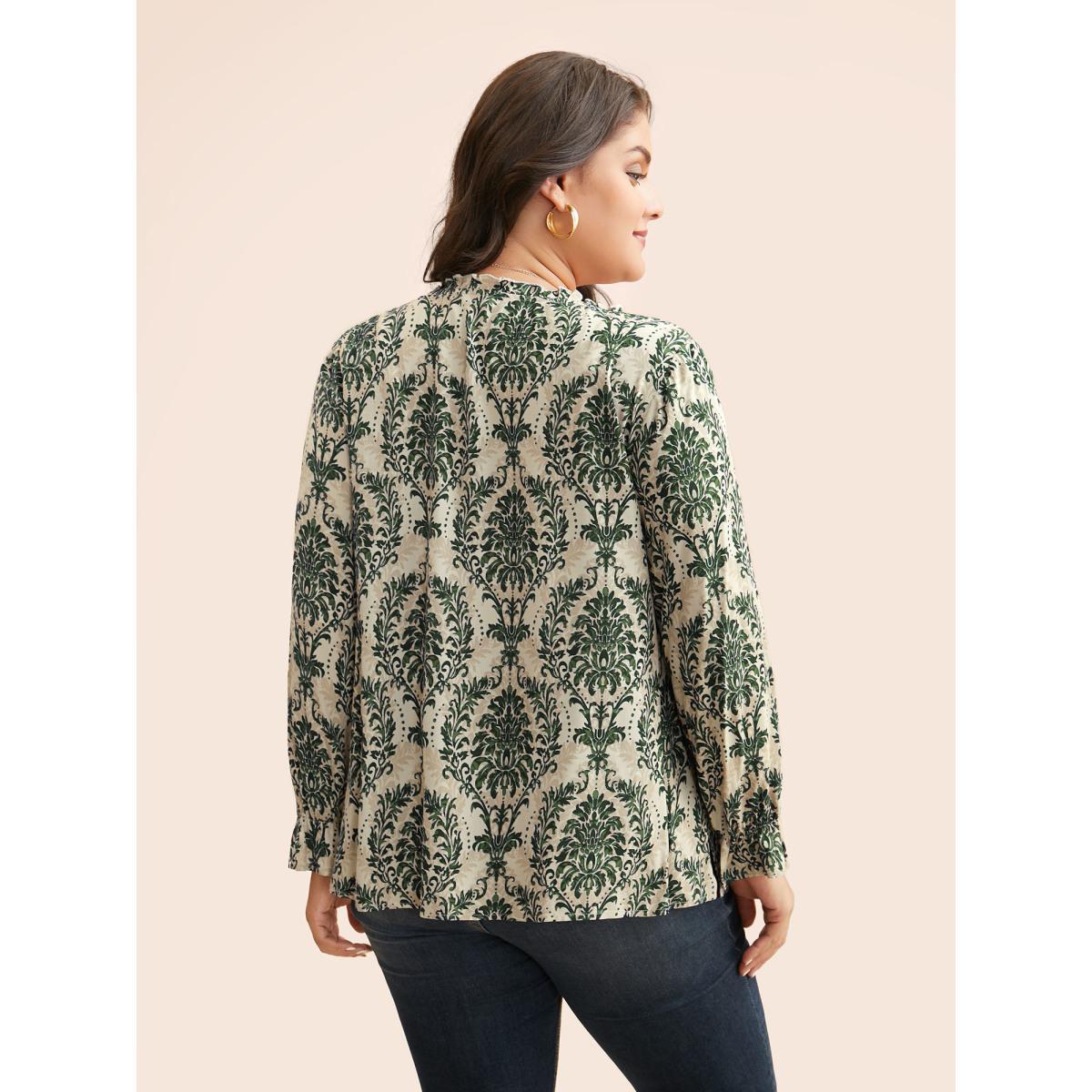 Plus Size DarkGreen Boho Print Frill Trim Slit Hem Blouse Women Elegant Long Sleeve Notched collar Everyday Blouses BloomChic 30/6X Product Image
