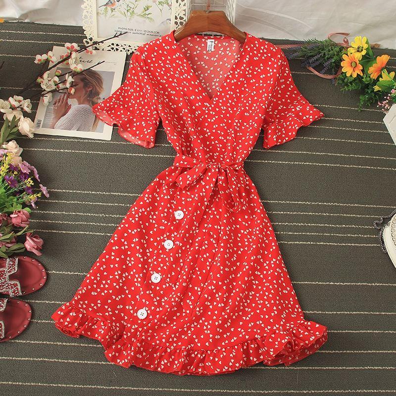 Short-Sleeve V-Neck Floral Print Ruffled Mini A-Line Dress Product Image