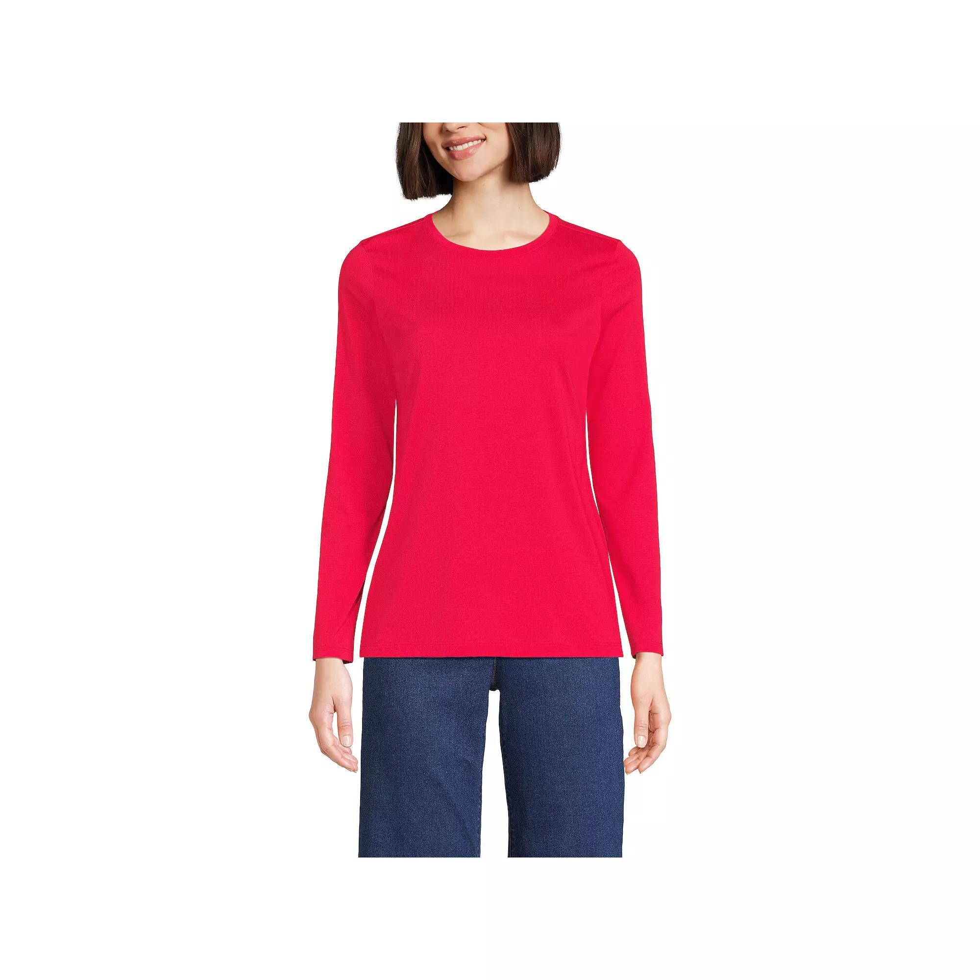 Petite Lands End Relaxed-Fit Supima Long Sleeve Cotton Crewneck Tee, Womens Ivory Green Stripe Product Image