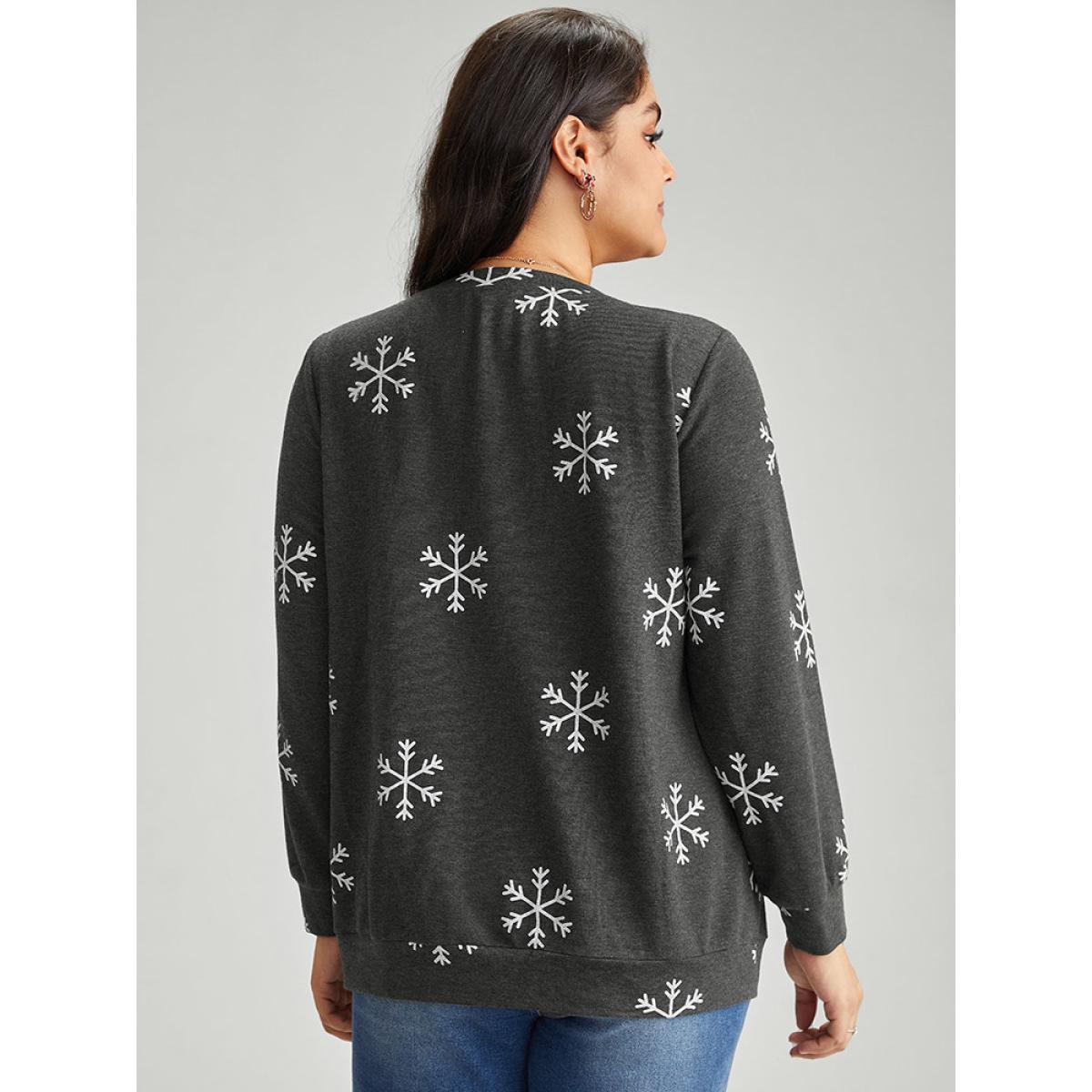 Plus Size Snowflake Print Round Neck Sweatshirt Women DimGray Casual Contrast Round Neck Festival-Christmas Sweatshirts BloomChic 30/6X Product Image