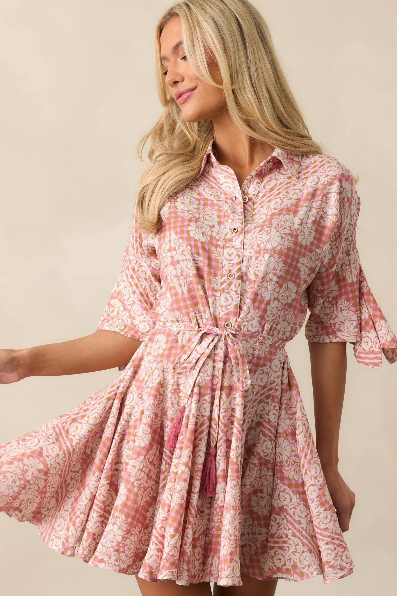 Beach Bum Rose Pink Floral Button Front Mini Dress Product Image