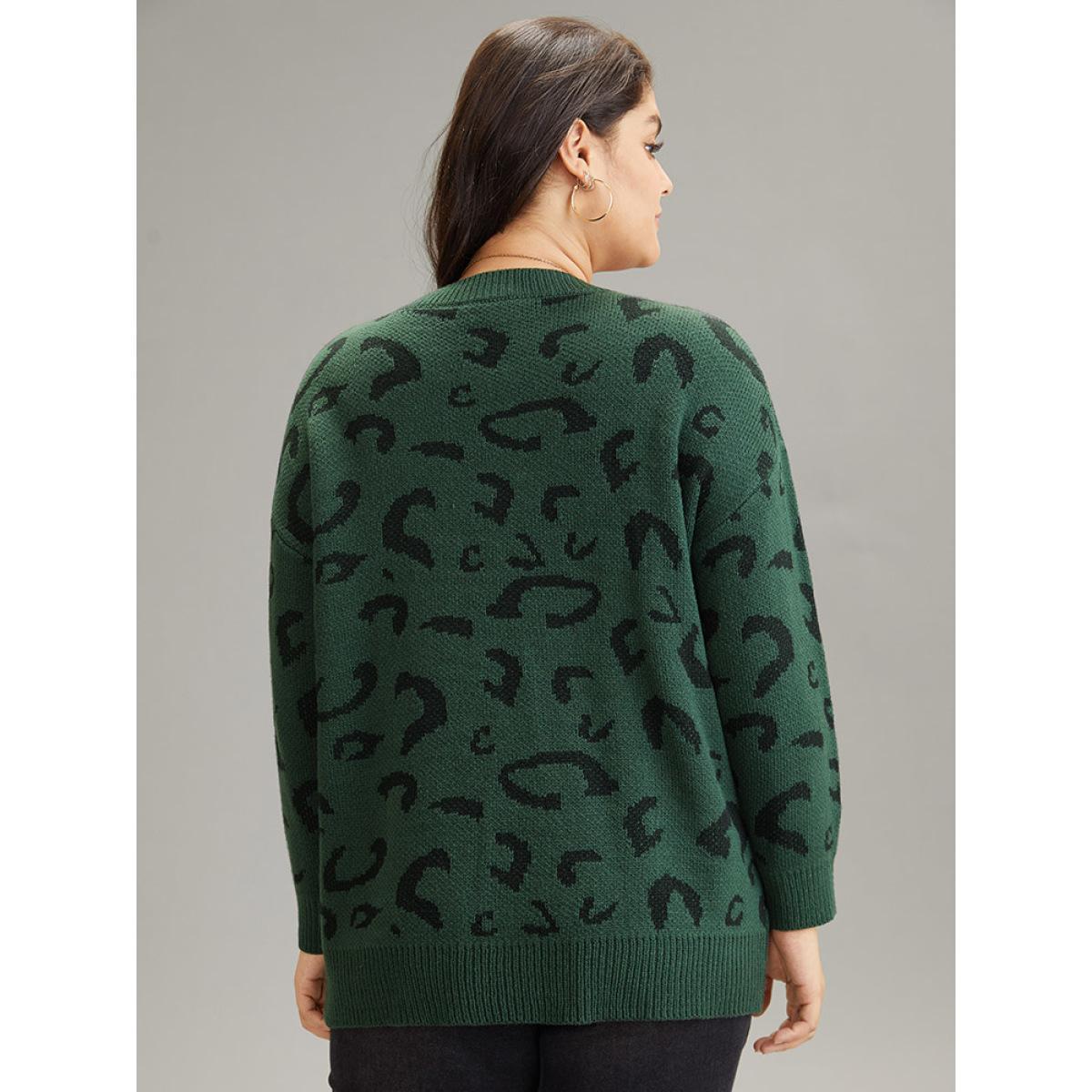 Plus Size Supersoft Essentials Leopard Print Drop Shoulder Pullover DarkGreen Women Casual Loose Long Sleeve V-neck Dailywear Pullovers BloomChic 12/L Product Image