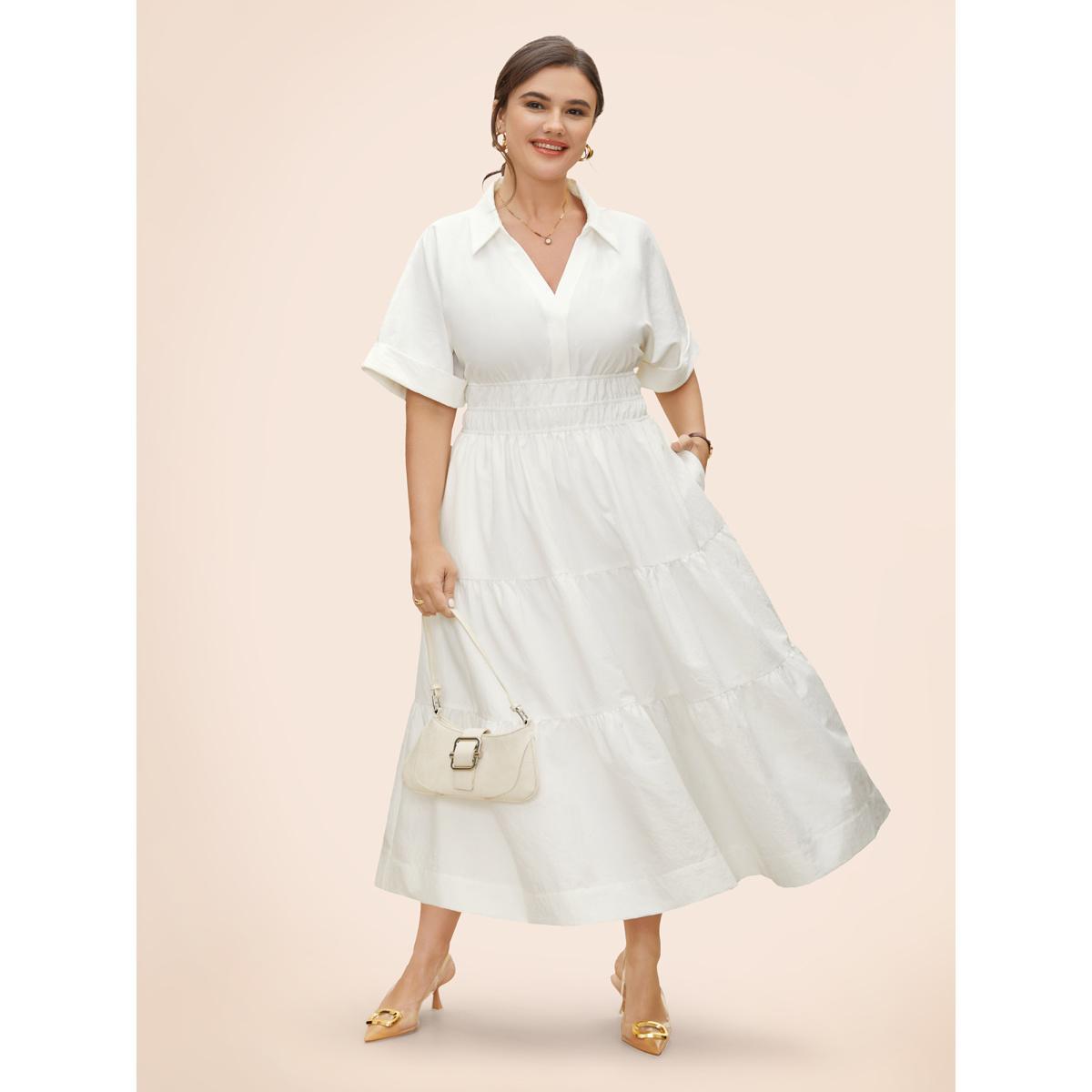 Plus Size Midfield Tiered Midi Shirt Dress Originalwhite Women At the Office Gathered Shirt collar Short sleeve Curvy BloomChic 10/M Product Image