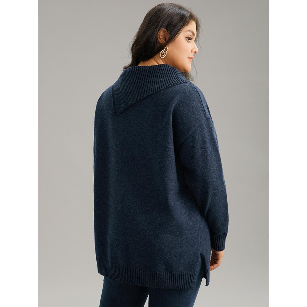 Plus Size Supersoft Essentials Asymmetrical Neck Button Detail Pullover Midnight Women Casual Loose Long Sleeve Asymmetrical Neck Dailywear Pullovers BloomChic 28/5X Product Image