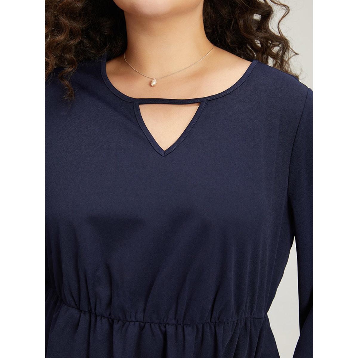 Plus Size Plain Keyhole Pocket Laser Cut Dress Navy Women Office Plain Notched collar Elbow-length sleeve Curvy Midi Dress BloomChic 18-20/2X Product Image