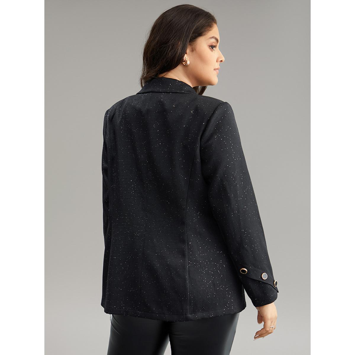 Plus Size Glitter Suit Collar Button Detail Blazer Black Women Work Plain Plain Sleeve Long Sleeve Suit Collar 28/5X Pocket At the Office Blazers BloomChic Product Image