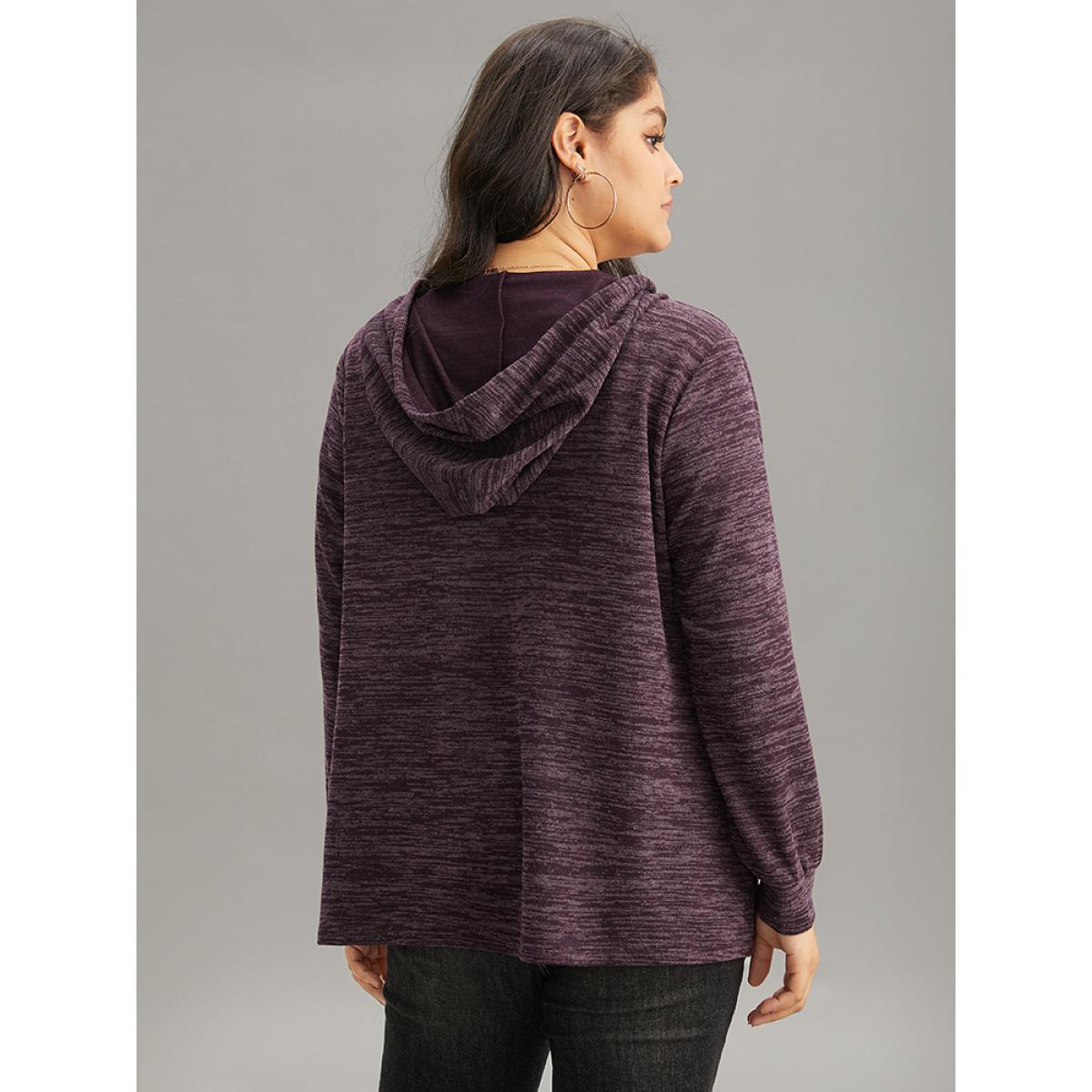 Plus Size Solid Heather Pocket Hooded Zipper Sweatshirt Women Purple Casual Heather Hooded Dailywear Sweatshirts BloomChic 12/L Product Image