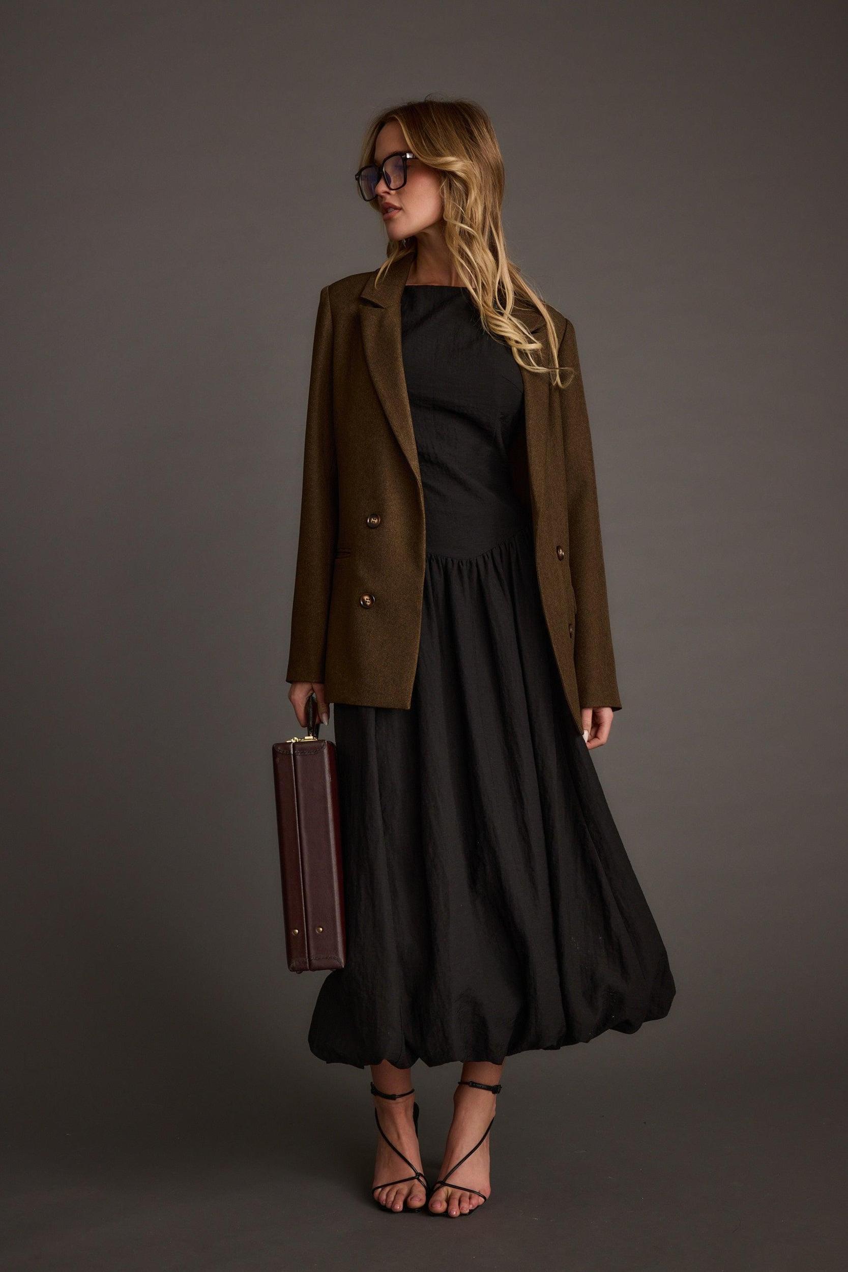 Kate Black Drop Waist Bubble Hem Midi Dress Product Image