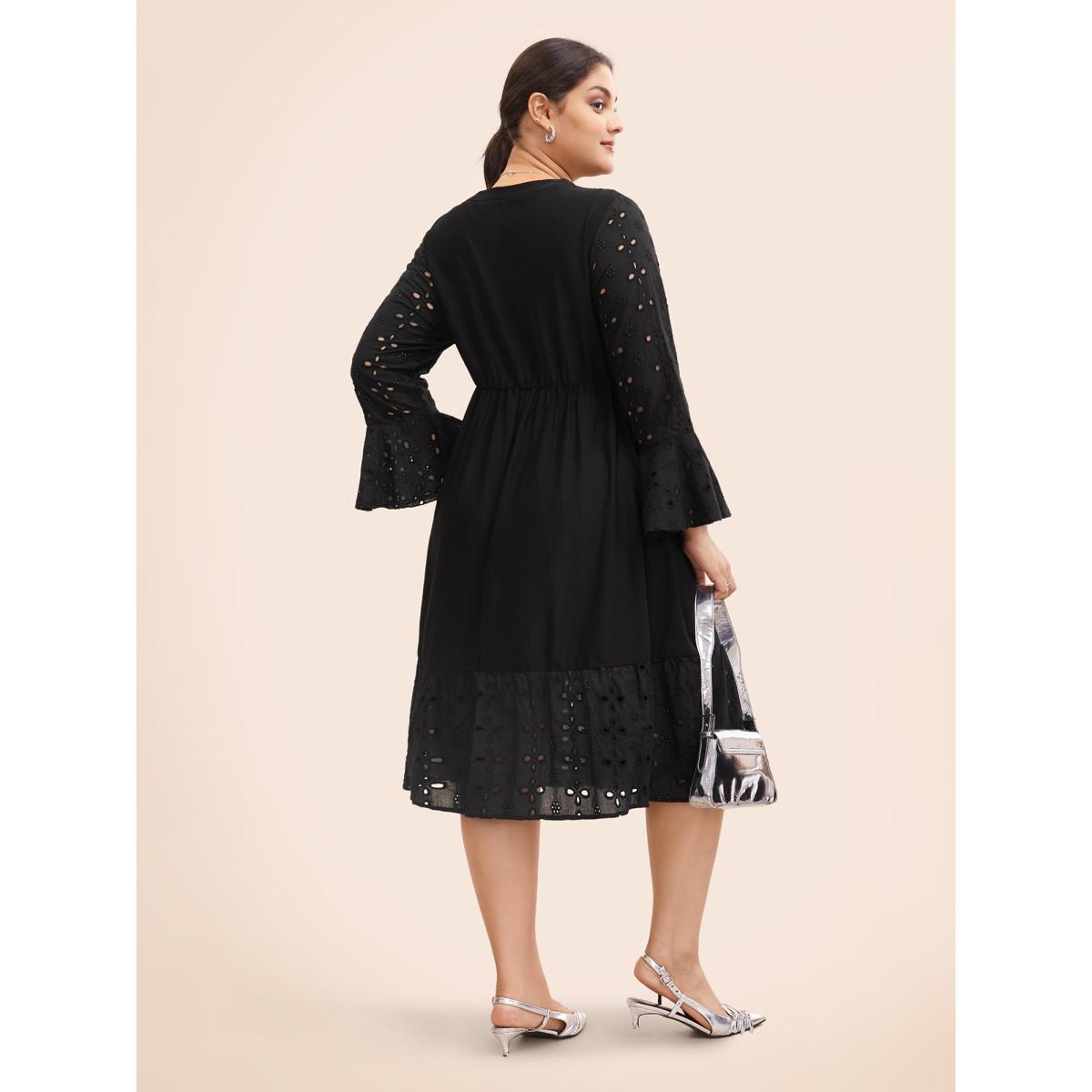 Plus Size Embroidered Flare Cuffs Midi Dress Black Women Resort Woven ribbon&lace trim Notched collar Long Sleeve Curvy BloomChic 12/L Product Image