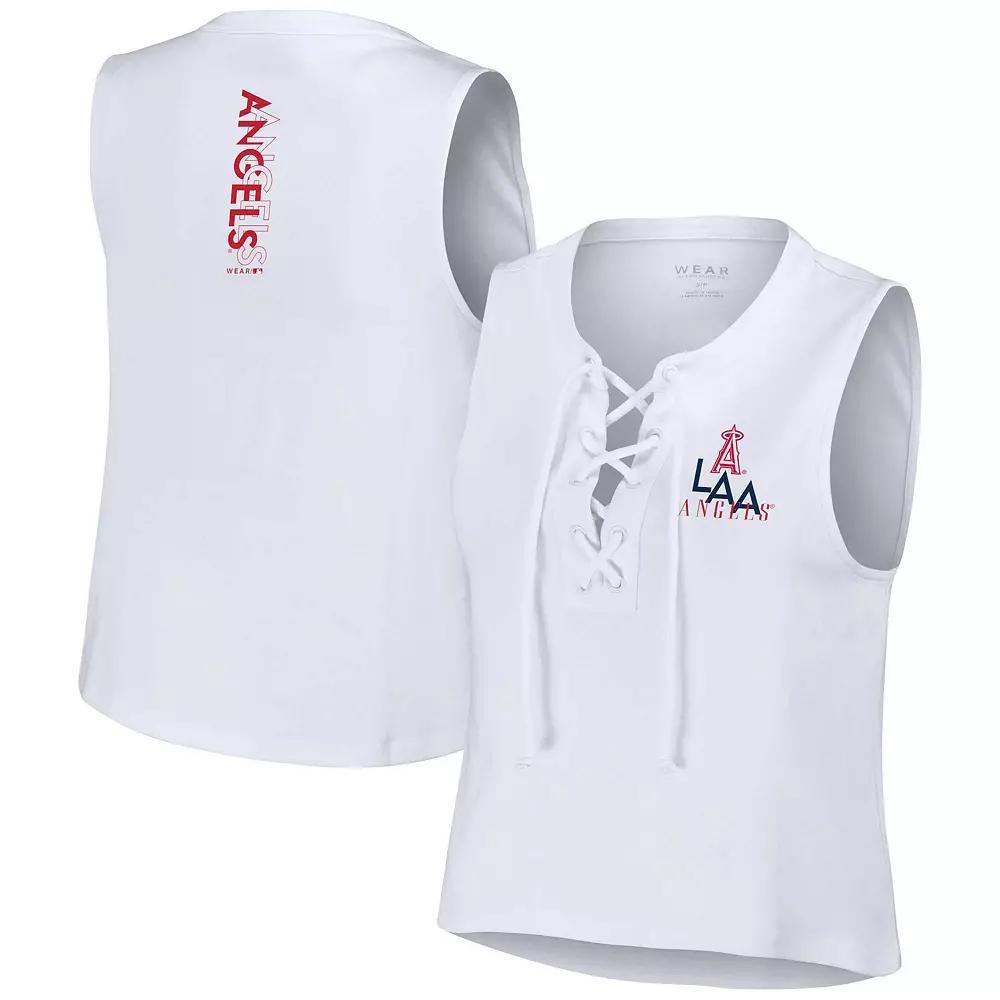 Women's WEAR by Erin Andrews White Los Angeles Angels Lace-Up Tank Top, Size: Small Product Image