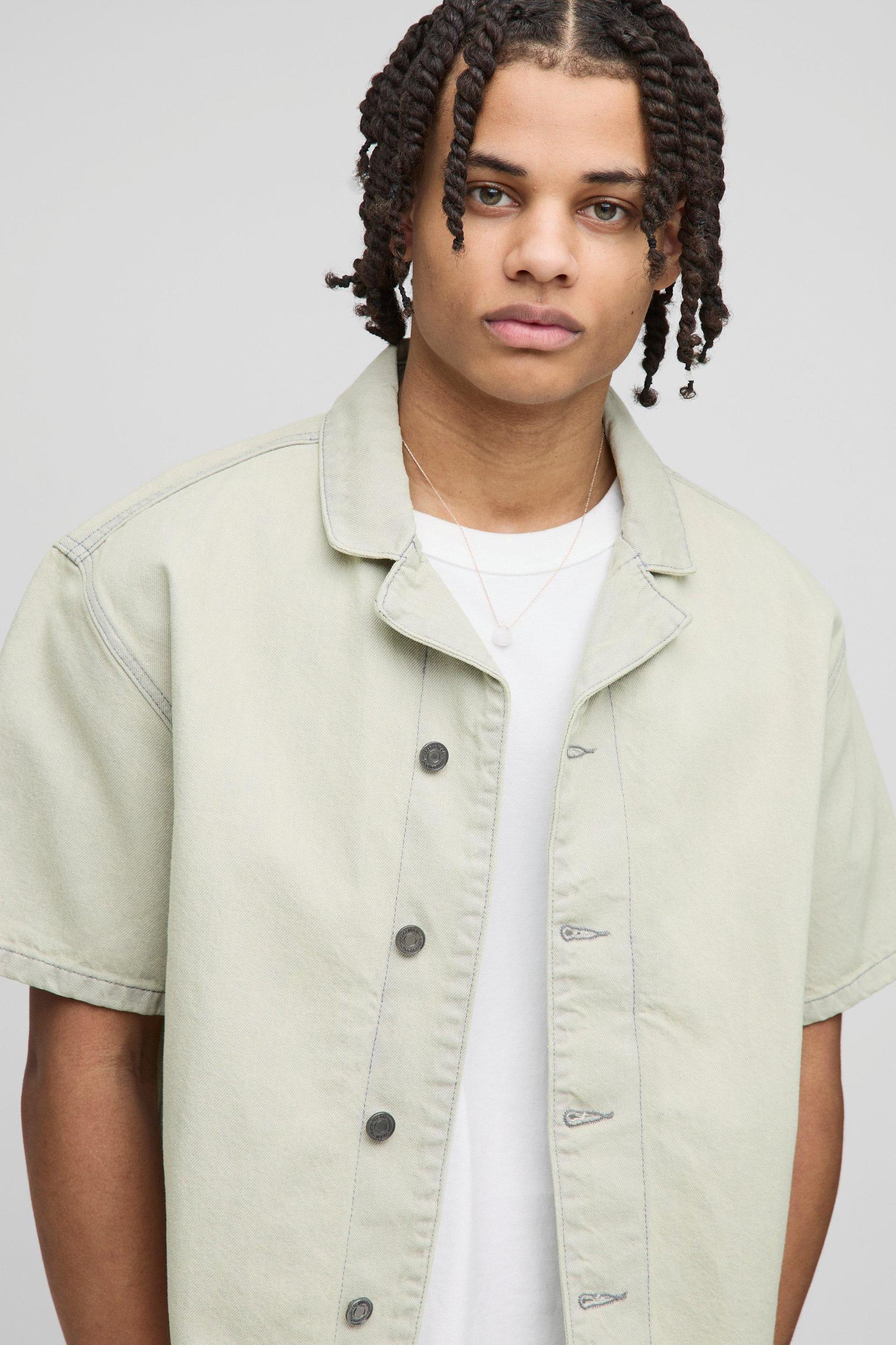 Boxy Revere Light Stone Washed Denim Shirt | boohooMAN USA Product Image