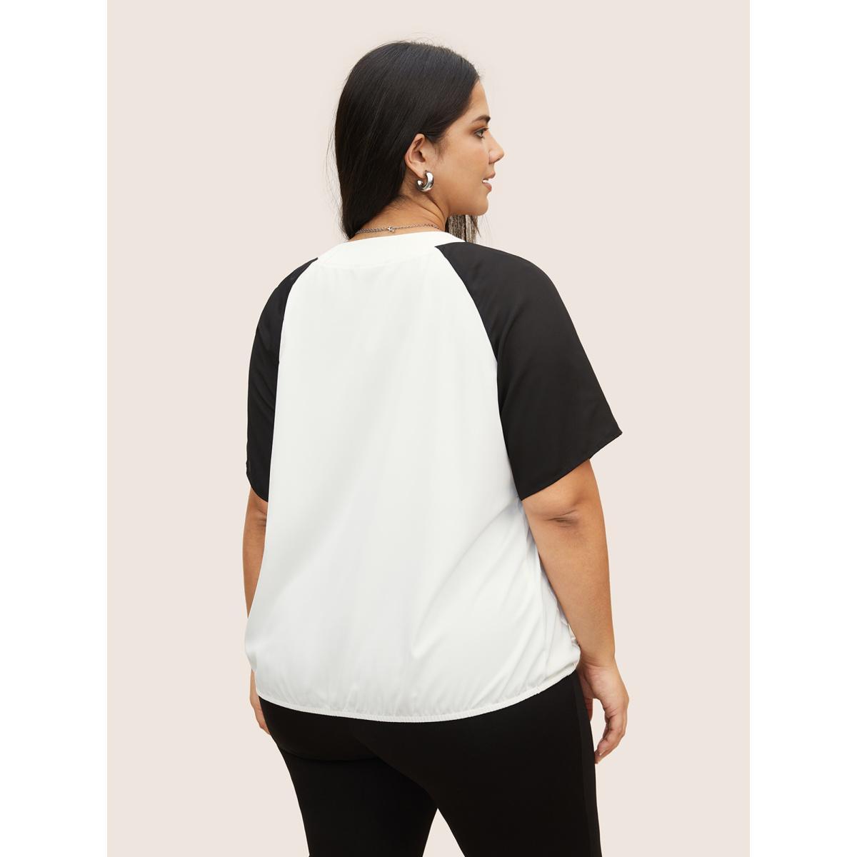 Plus Size White Two Tone Wrap Raglan Sleeve Blouse Women At the Office Short sleeve Overlap Collar Work Blouses BloomChic 10/M Product Image