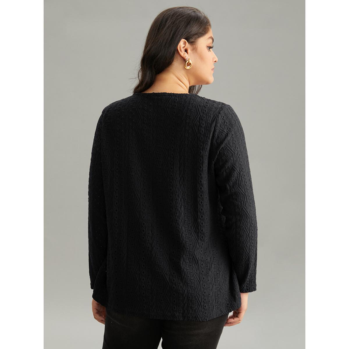 Plus Size Broderie Anglaise Button Detail Jacquard T-shirt Black Women Elegant Texture Plain V-neck Dailywear T-shirts BloomChic 14-16/1X Product Image