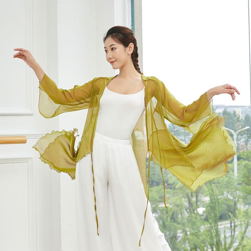 Flared-Sleeve V-Neck Plain Asymmetrical Dance Top Product Image