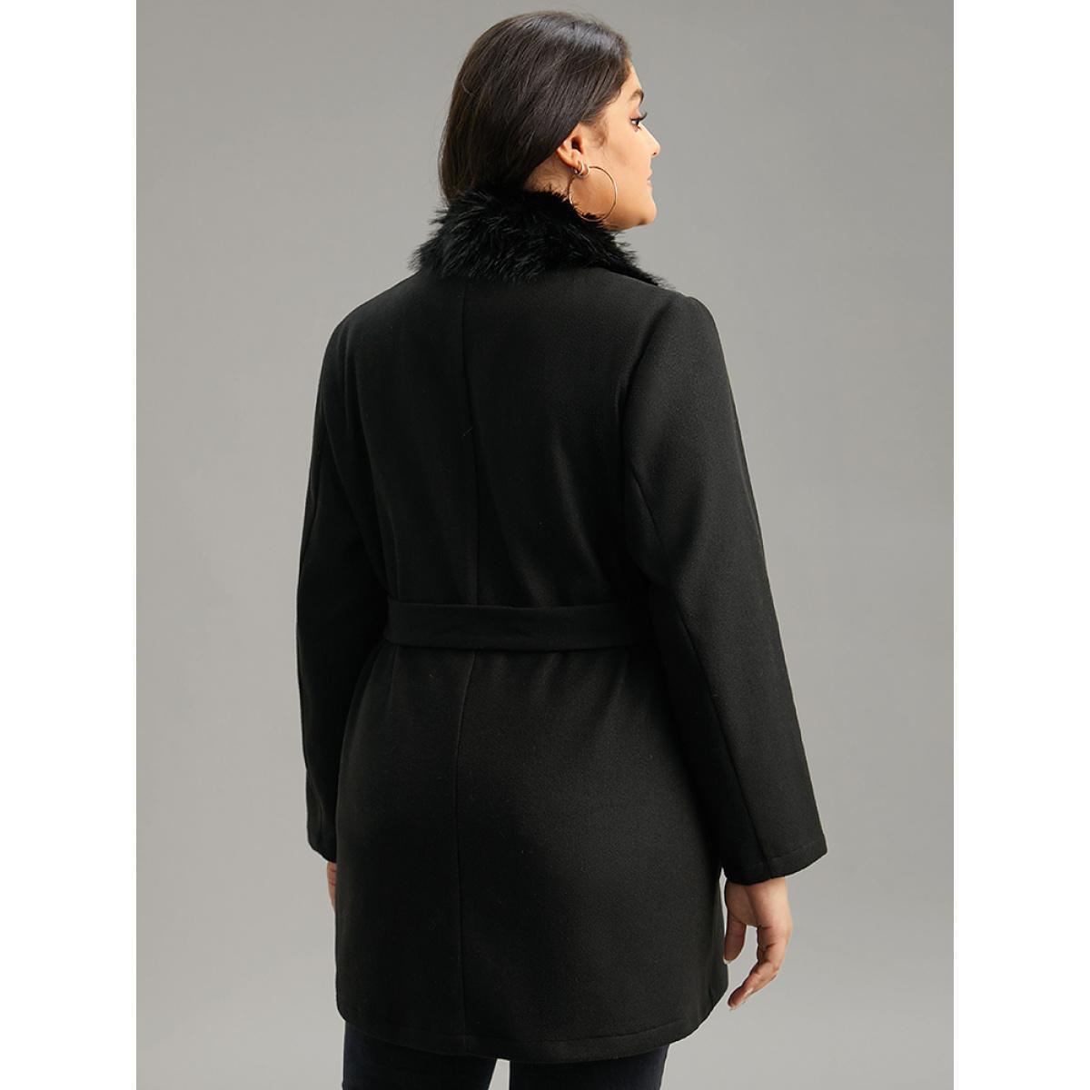 Plus Size Plain Fuzzy Trim Patchwork Belted Coat Women Black Casual Plain Ladies Dailywear Winter Coats BloomChic 18-20/2X Product Image